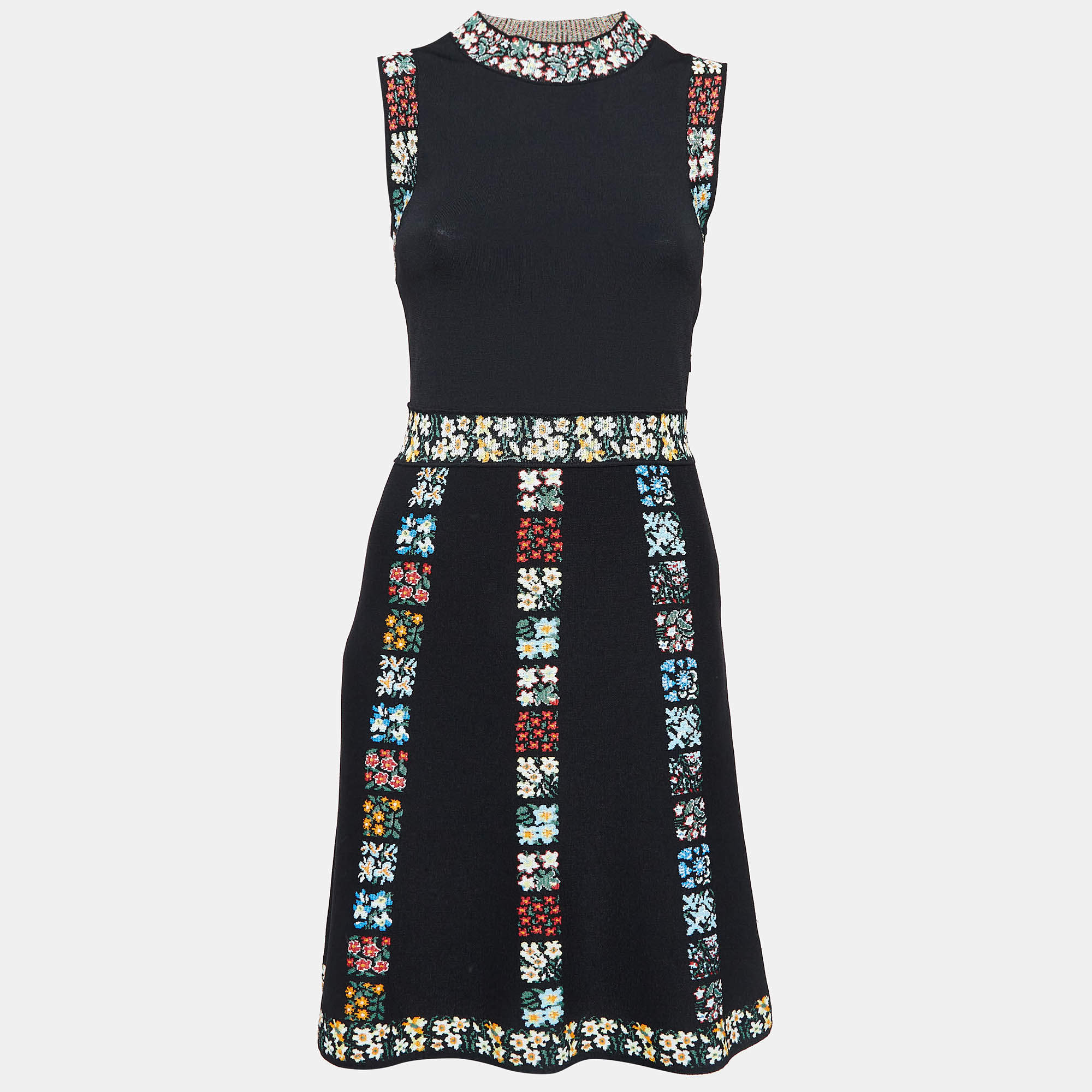 Pre Owned Valentino Black Floral Patterned Knit Flared Midi Dress M