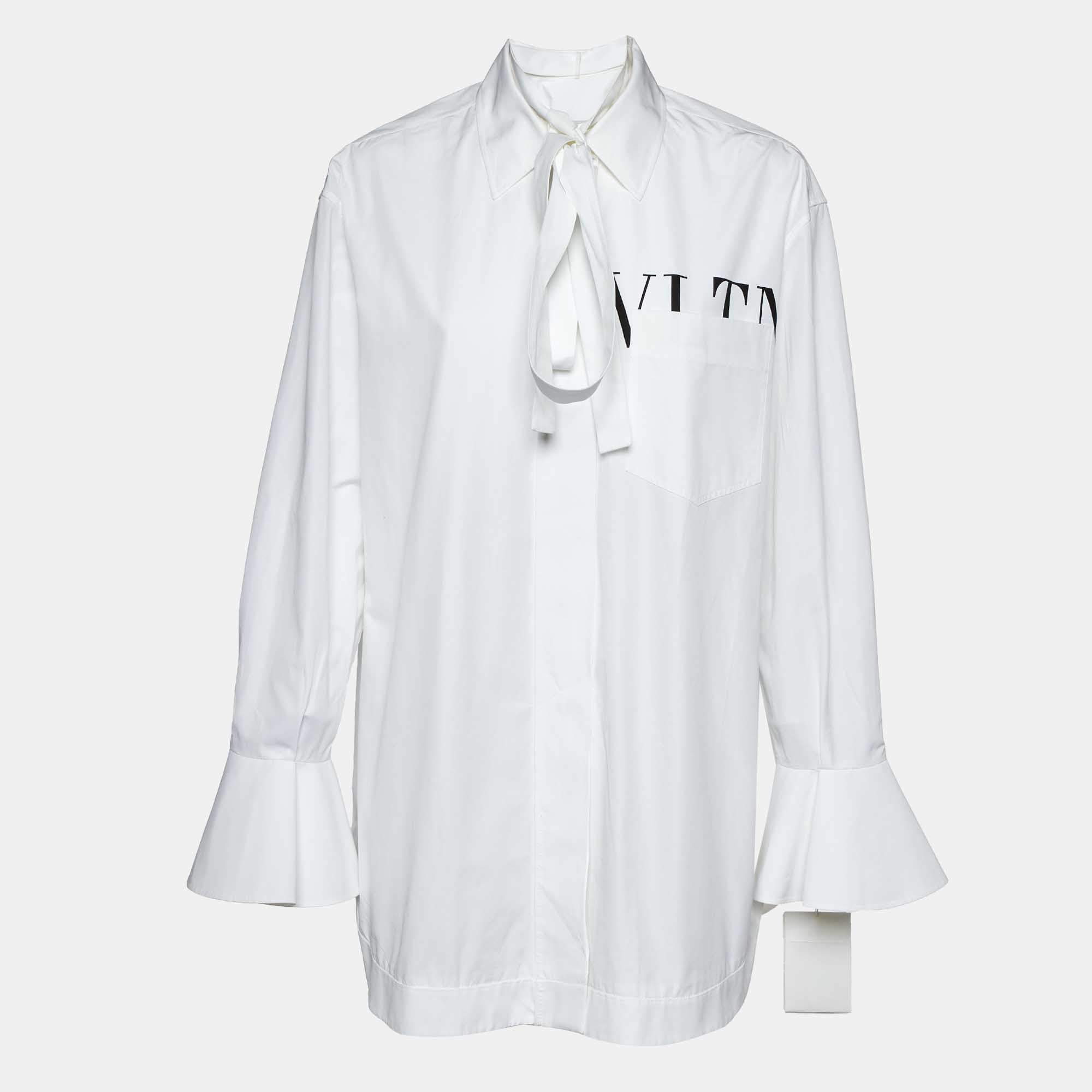 Pre Owned Valentino White Logo Print Poplin Tie-Up Neck Detail Oversize Shirt L