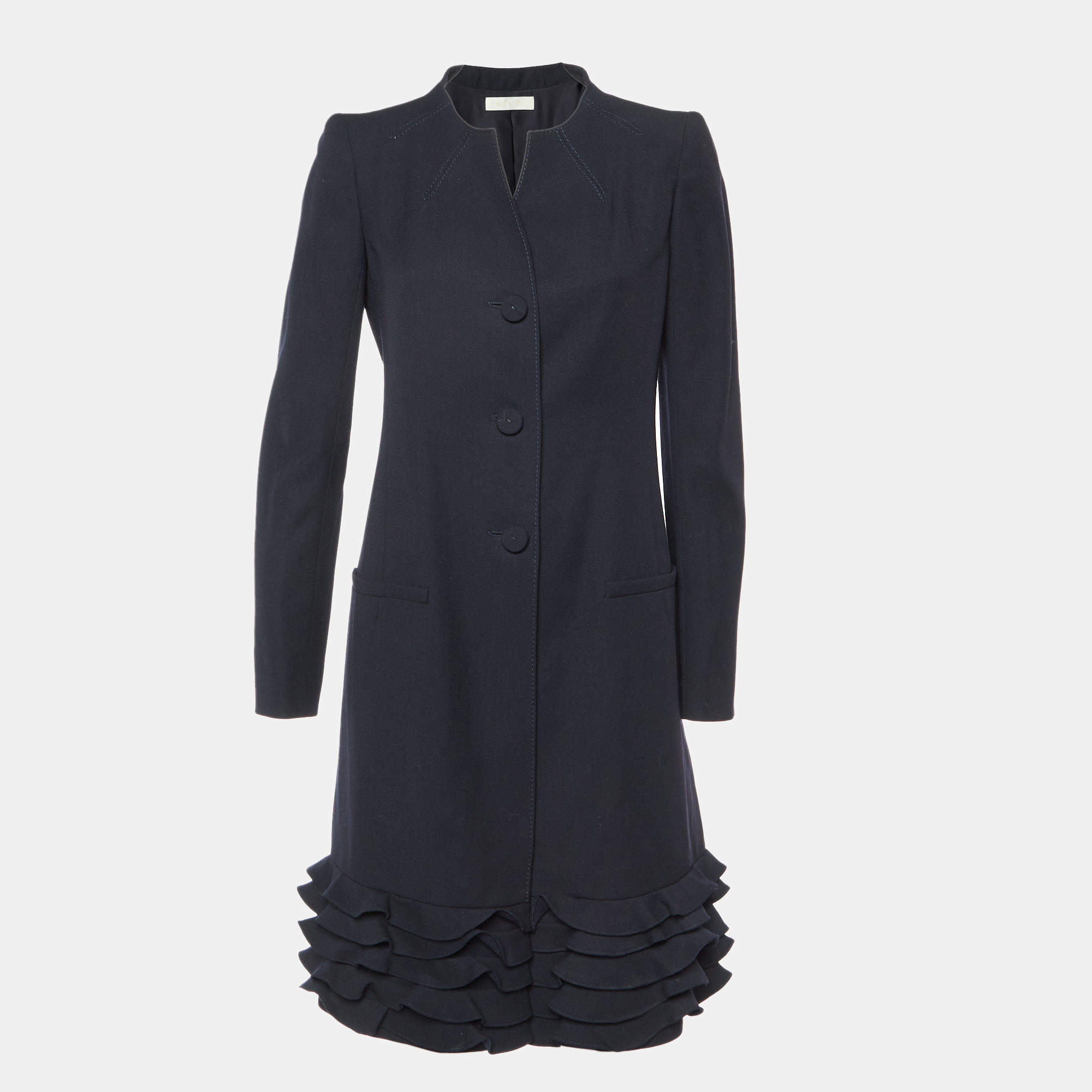 Pre Owned Valentino Black Virgin Wool Ruffled Hem Short Dress M