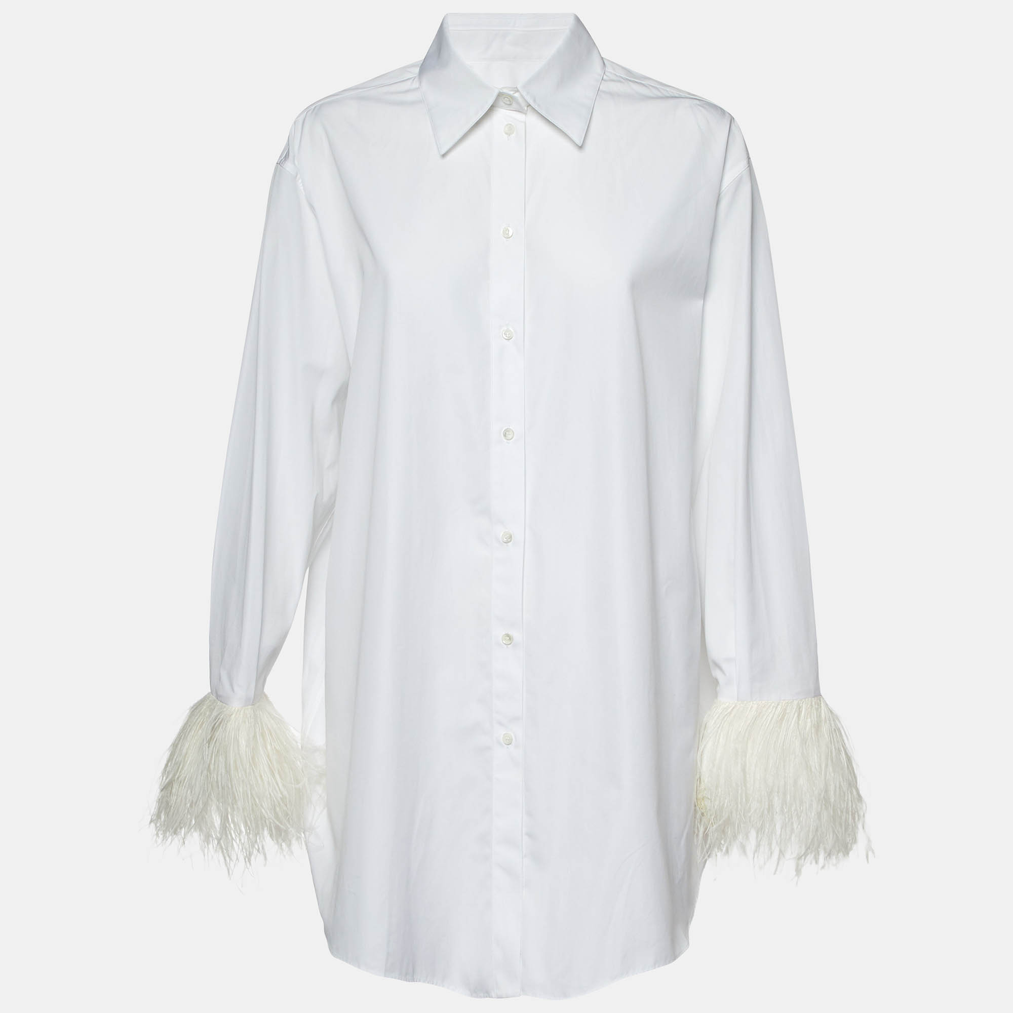 Pre Owned Valentino White Cotton Feather Cuff Trim Button Front Shirt L