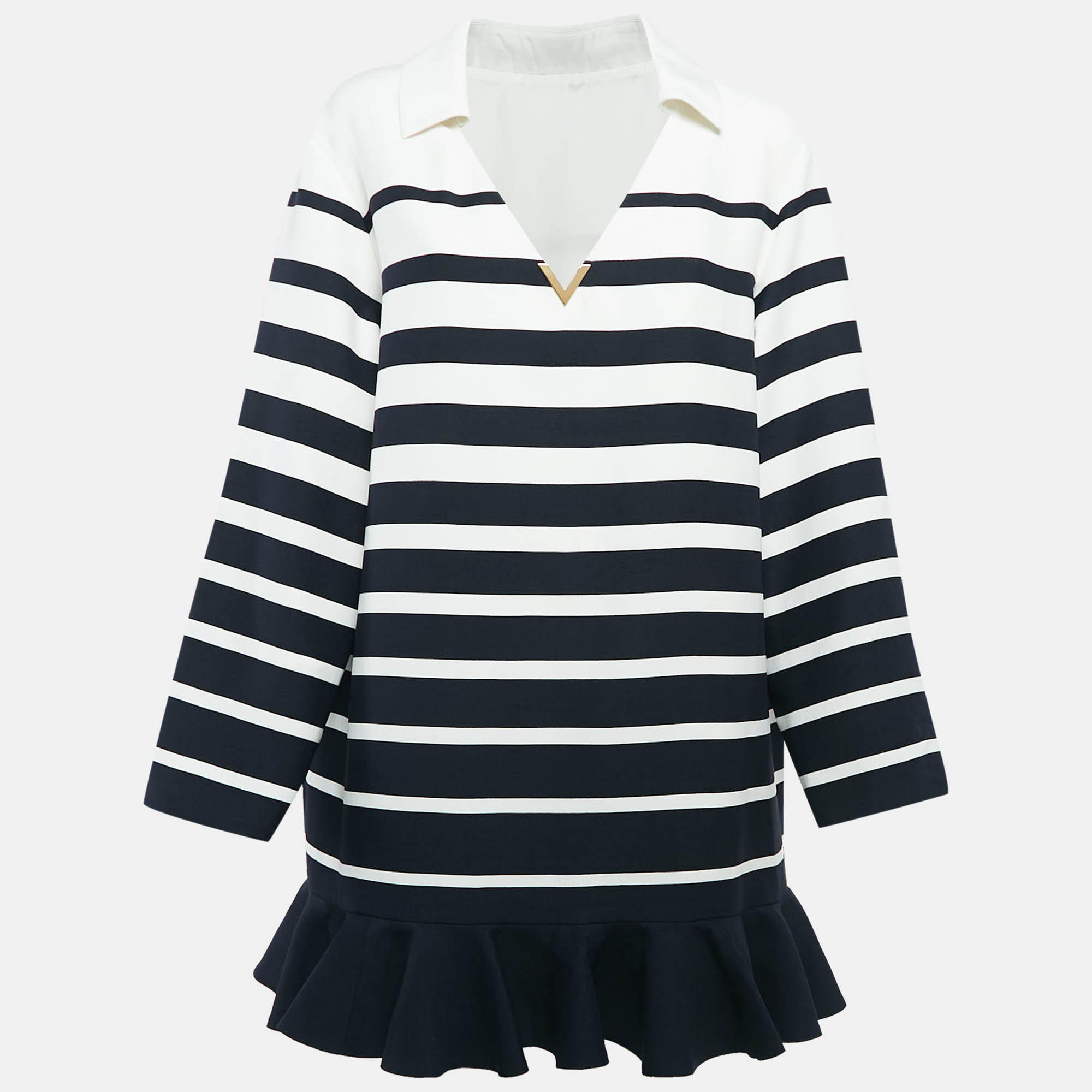 Pre Owned Valentino Navy Blue/White Stripe Wool Blend Ruffled Mini Dress M
