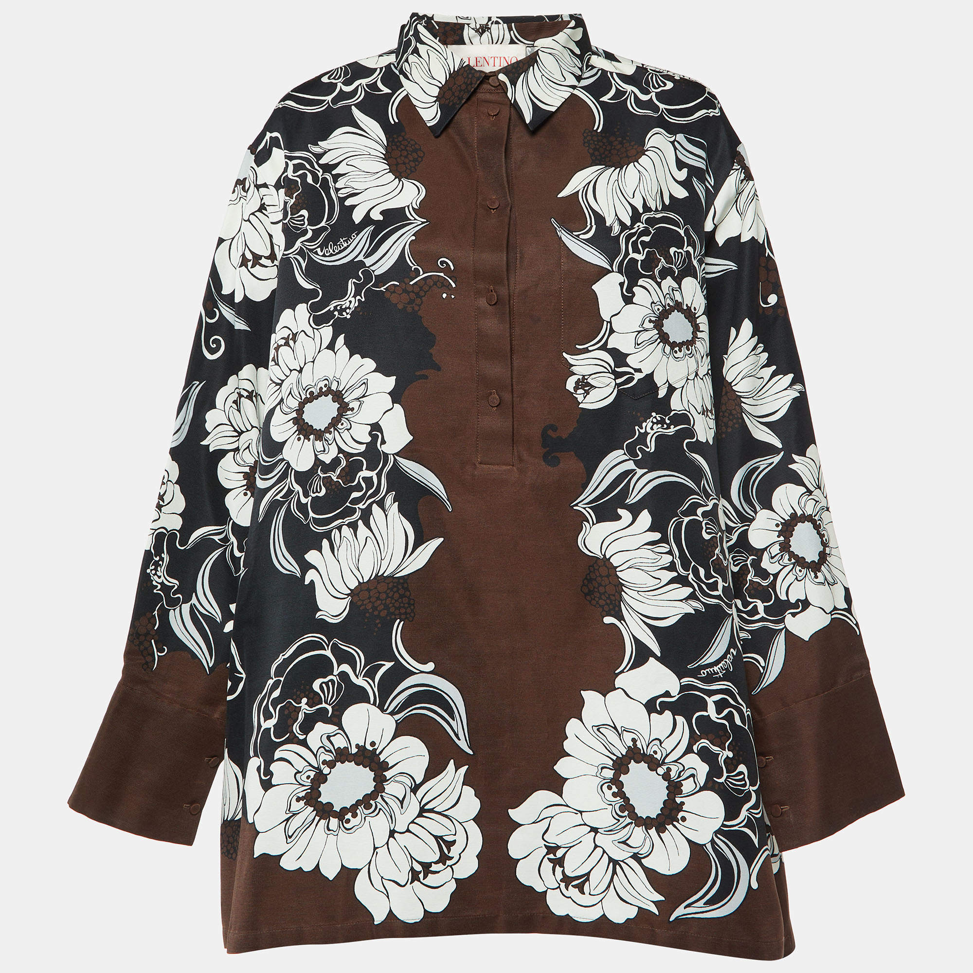 Pre Owned Valentino Brown Street Flowers Daisyland Print Cotton & Silk Shirt Dress M