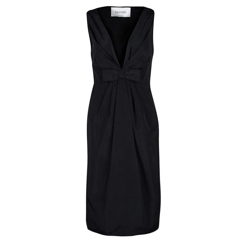 Pre Owned Valentino Black Plunged Neck Bow Detail Sleeveless Dress M
