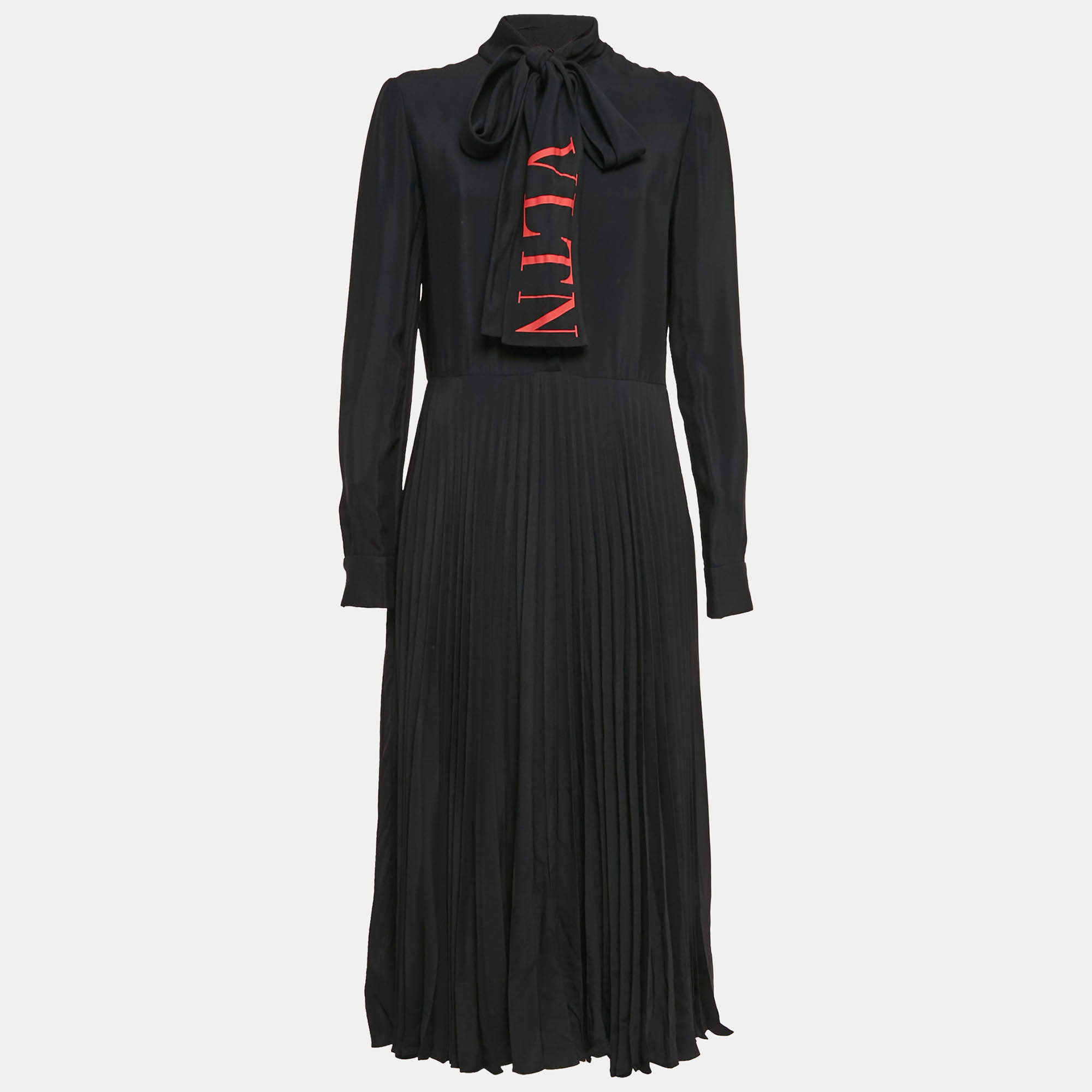 Pre Owned Valentino Black VLTN Print Crepe Pleated Midi Dress S