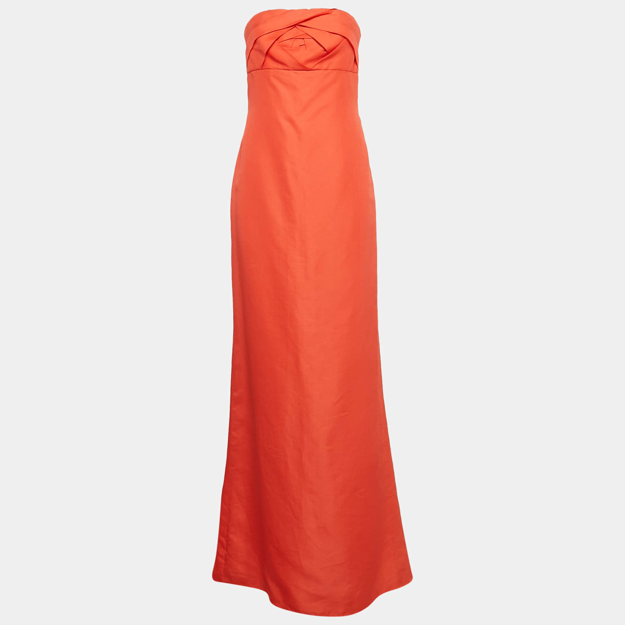 Pre Owned Valentino Coral Orange Silk Strapless Maxi Dress M