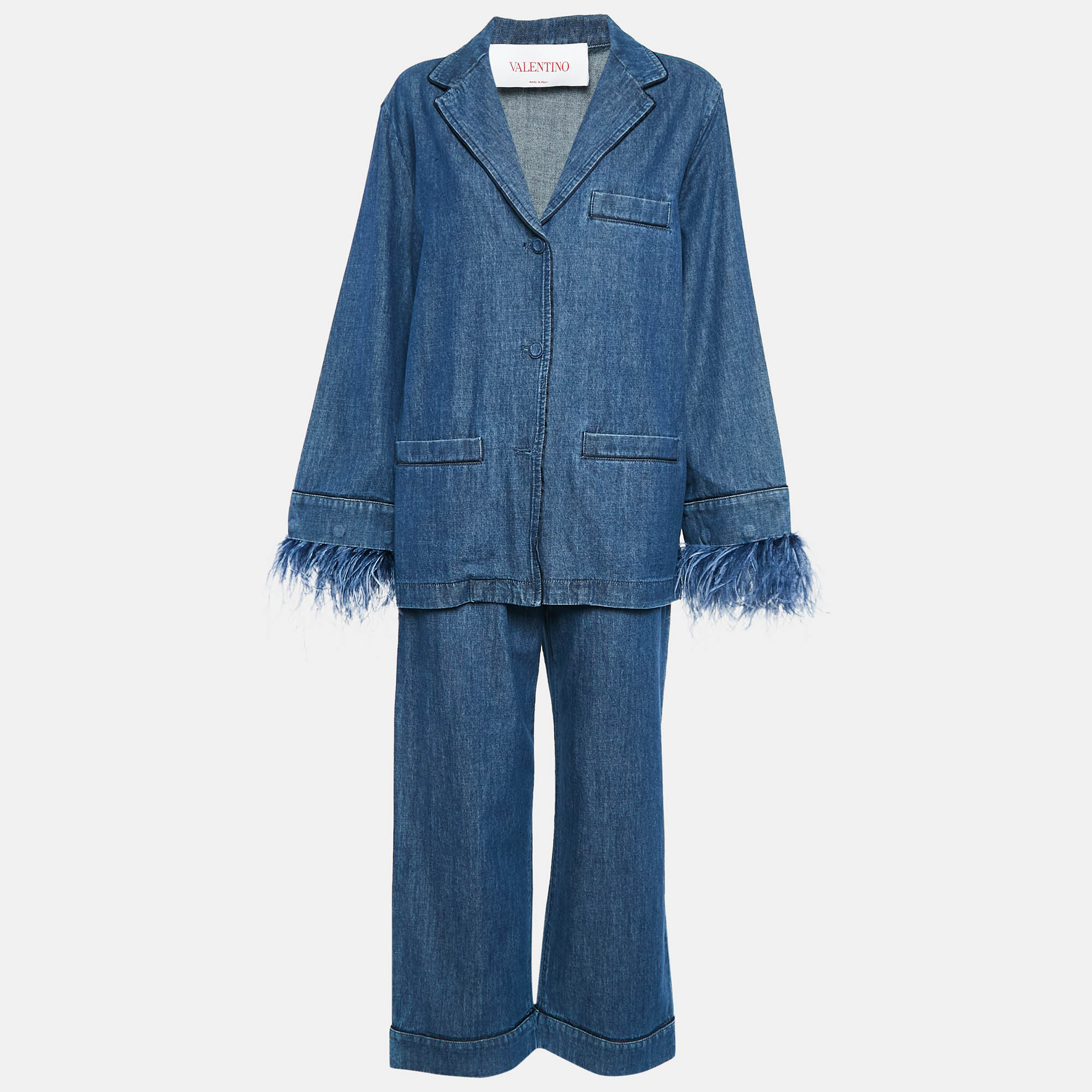 Pre Owned Valentino Blue Feather Trim Denim Shirt and Trouser Set M