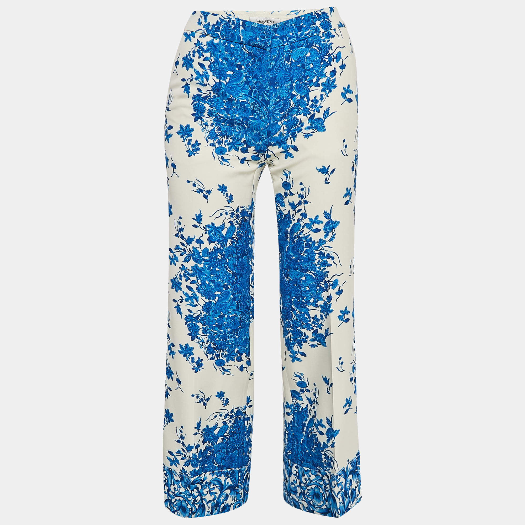 Pre Owned Valentino Blue Floral Print Wool Blend Wide-Leg Trousers S