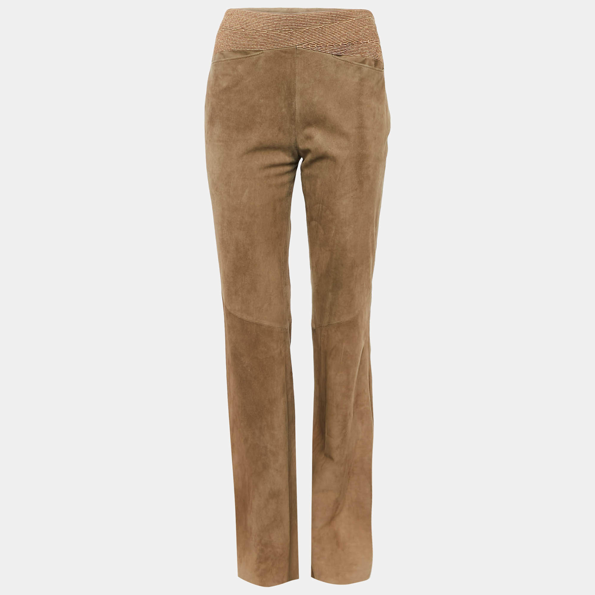 Pre Owned Valentino Brown Embroidered Suede Flared Trousers M