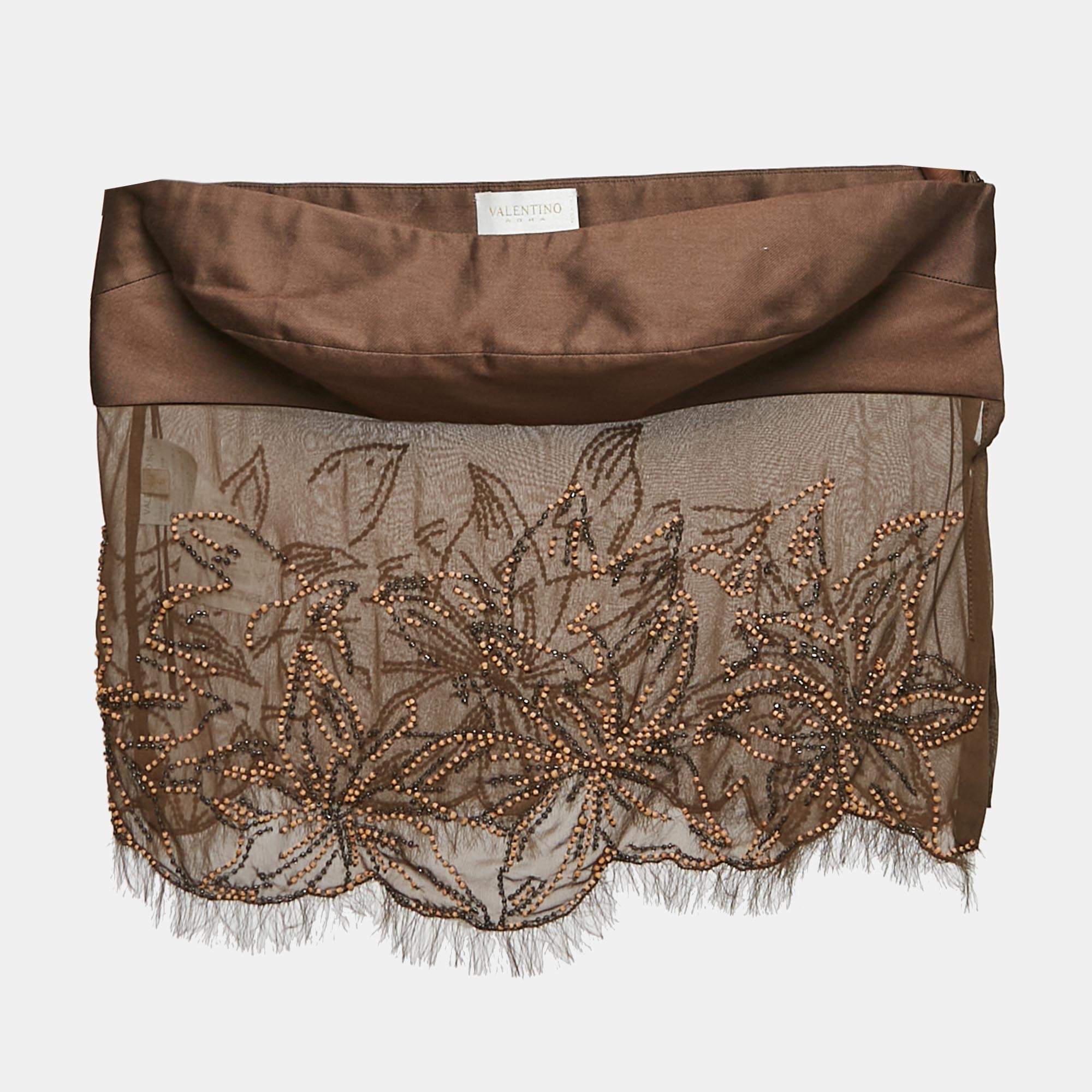 Pre Owned Valentino Brown Beaded Embroidered Silk Strappy Top S