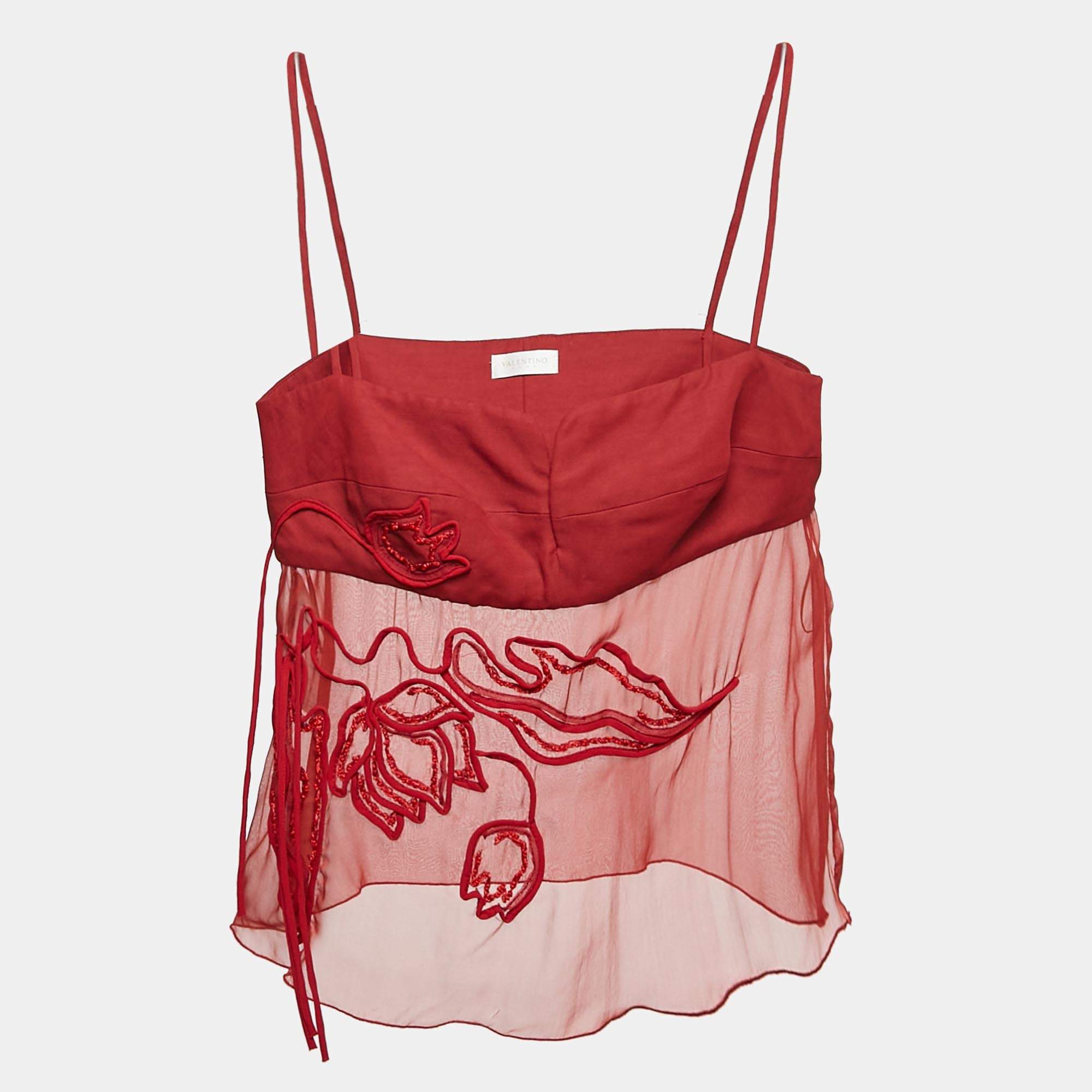 Pre Owned Valentino Red Embroidered Silk and Crepe Strappy Top L