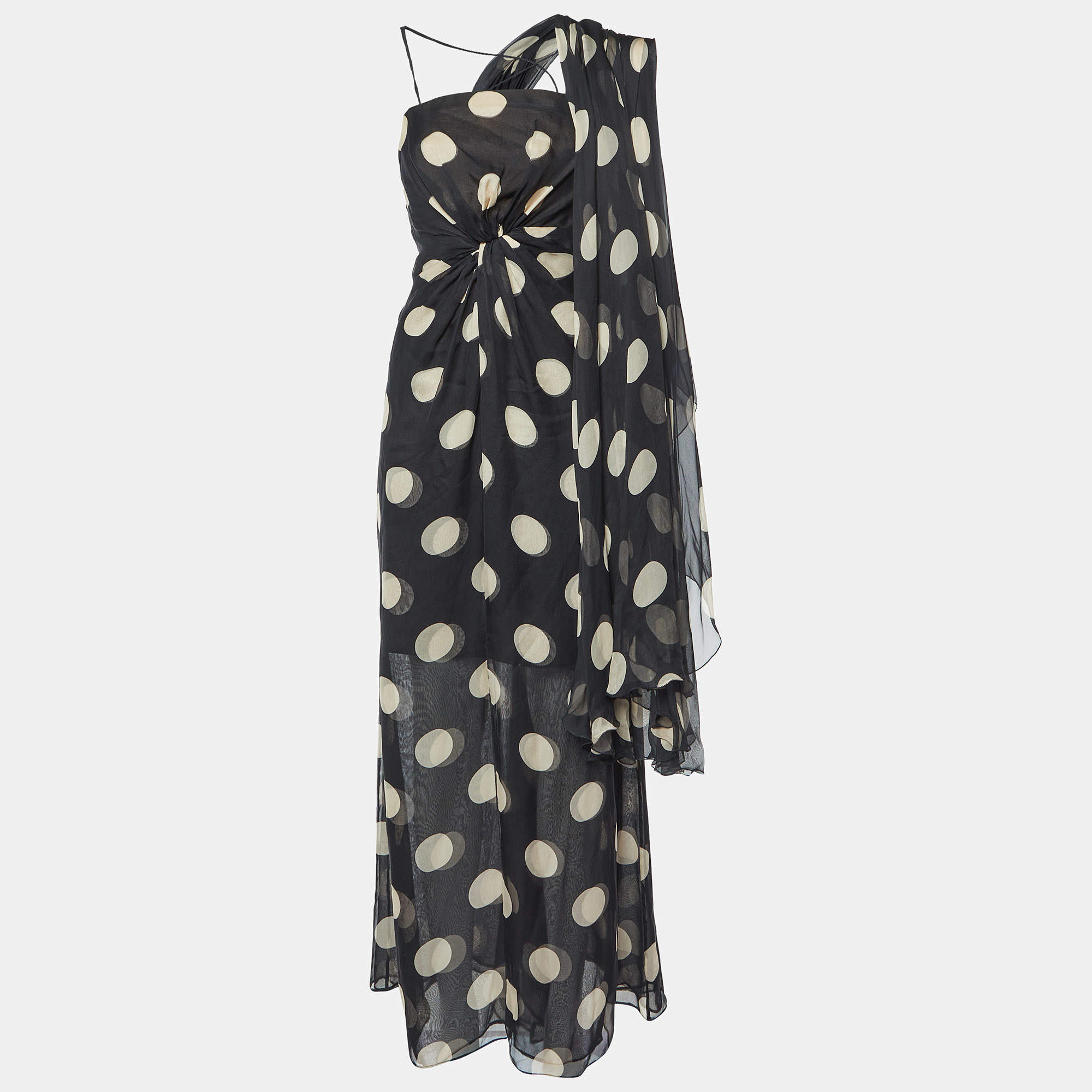 Pre Owned Valentino Black Polka Dot Print Silk Asymmetric Dress L