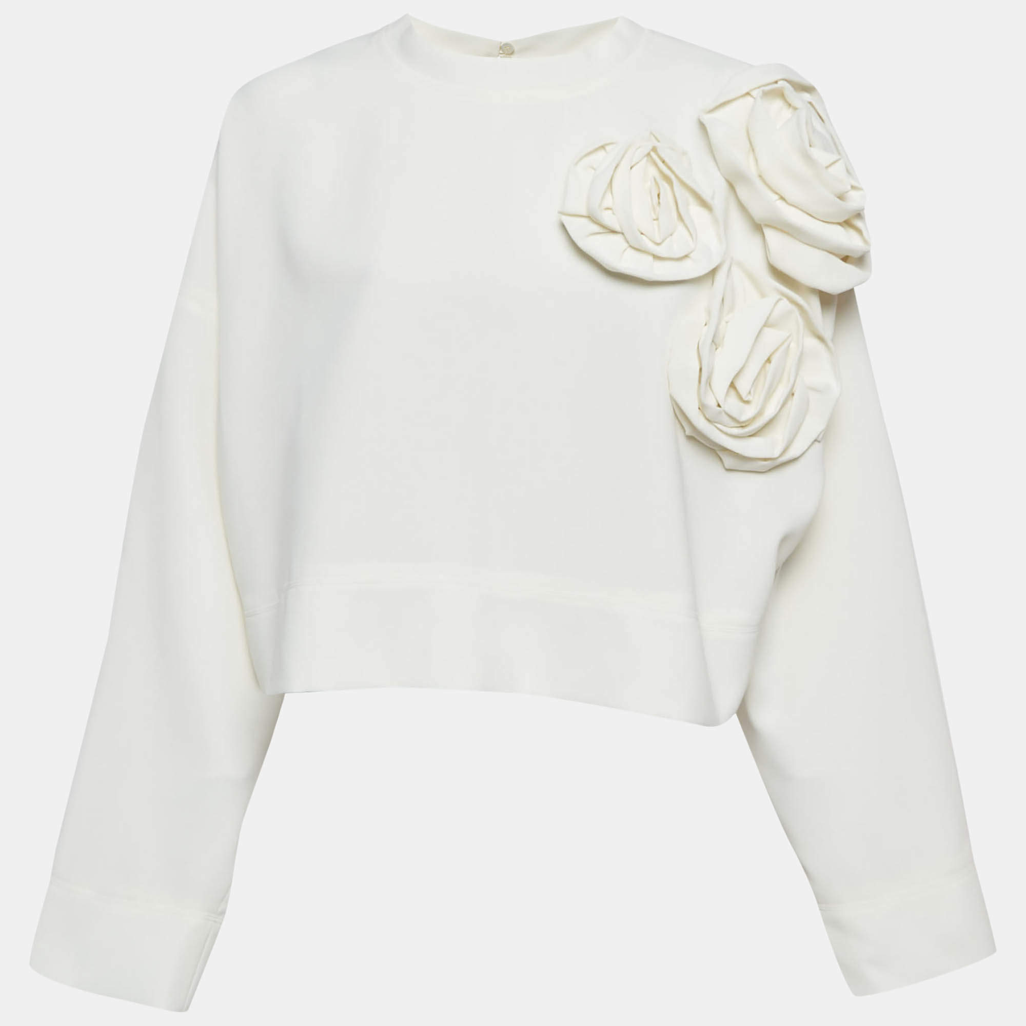 Pre Owned Valentino White Floral Applique Crepe Loose Fit Top M
