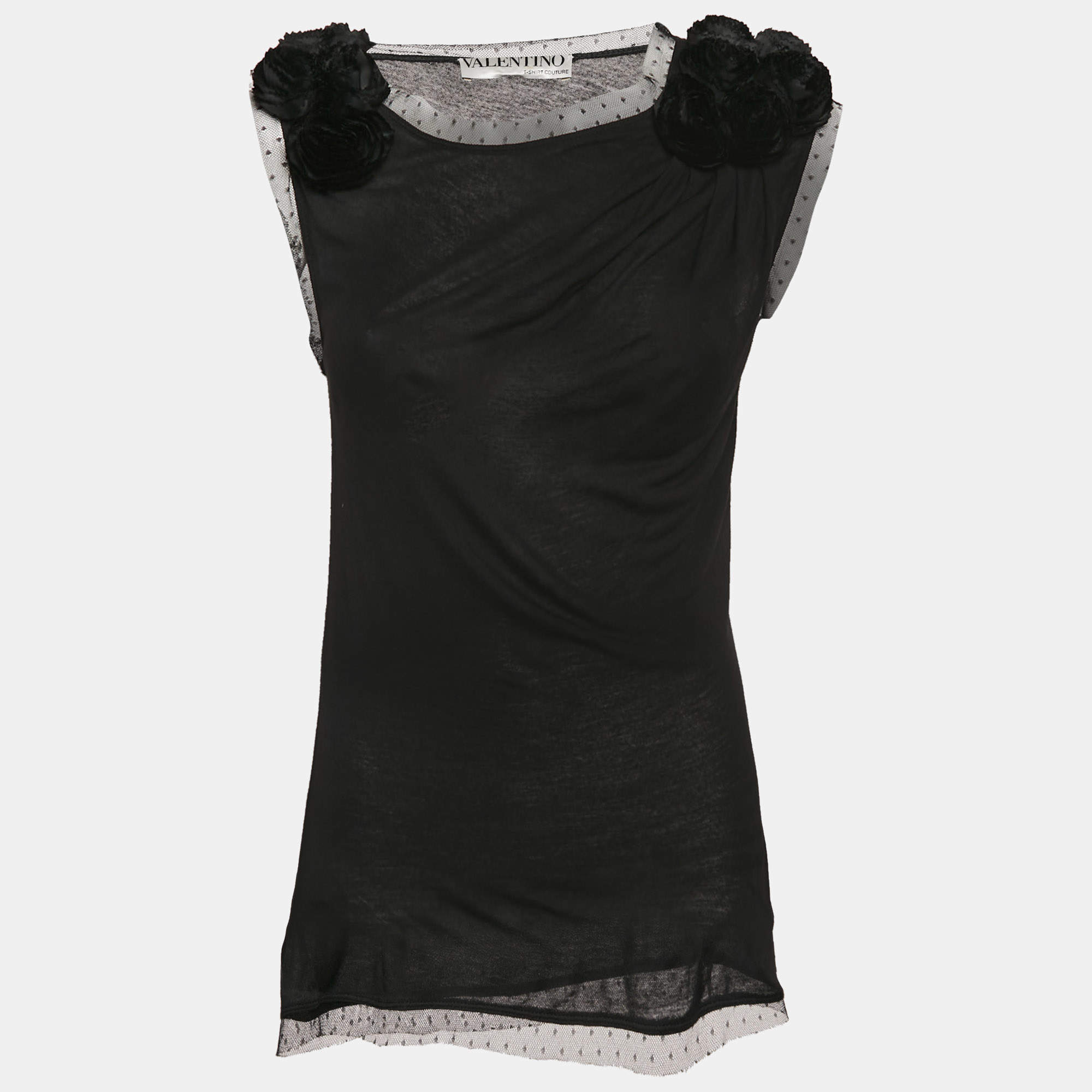 Pre Owned Valentino T-Shirt Couture Black Floral Applique Tulle Trim Jersey Sleeveless T-Shirt M