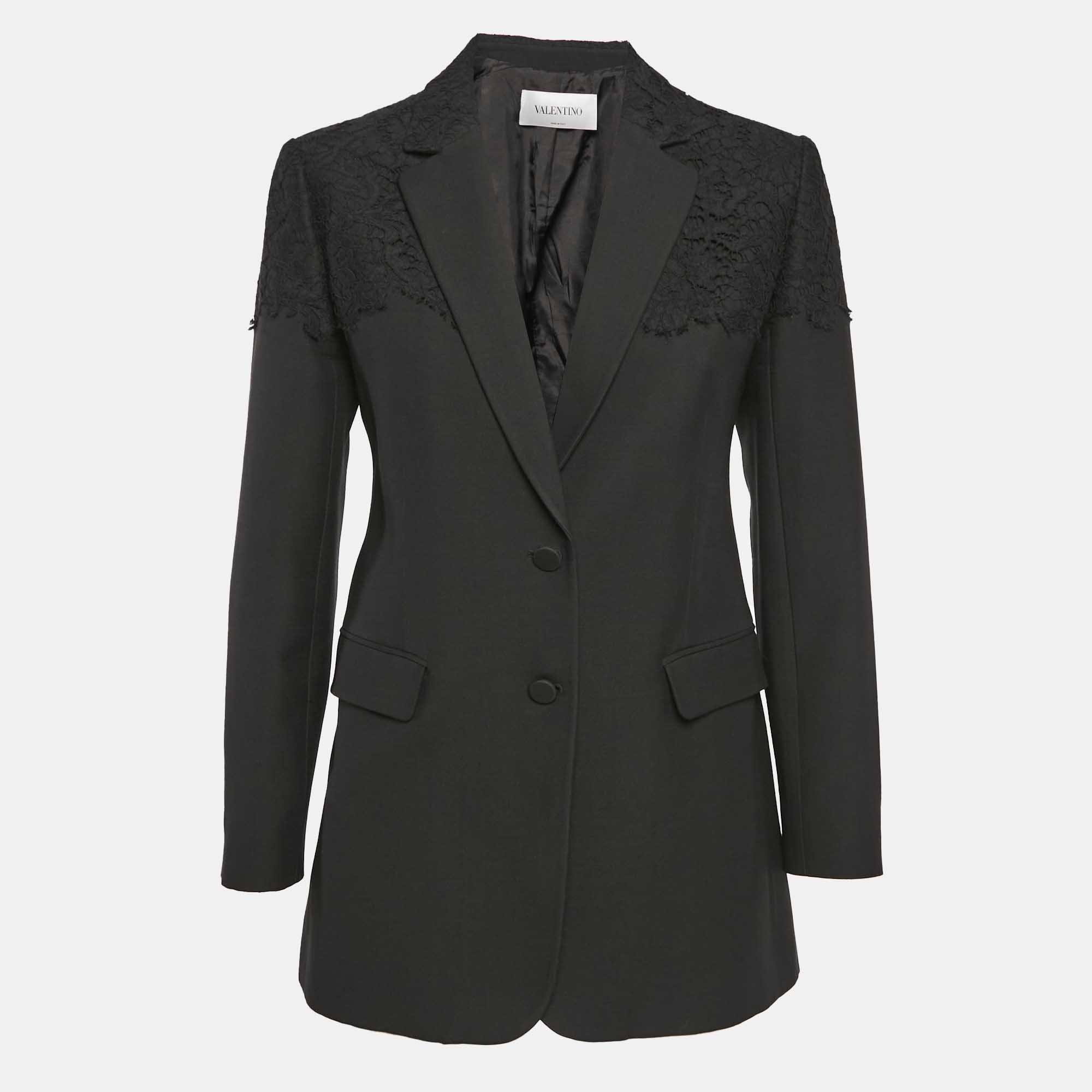 Pre Owned Valentino Black Wool Blend Lace Trim Detail Blazer M