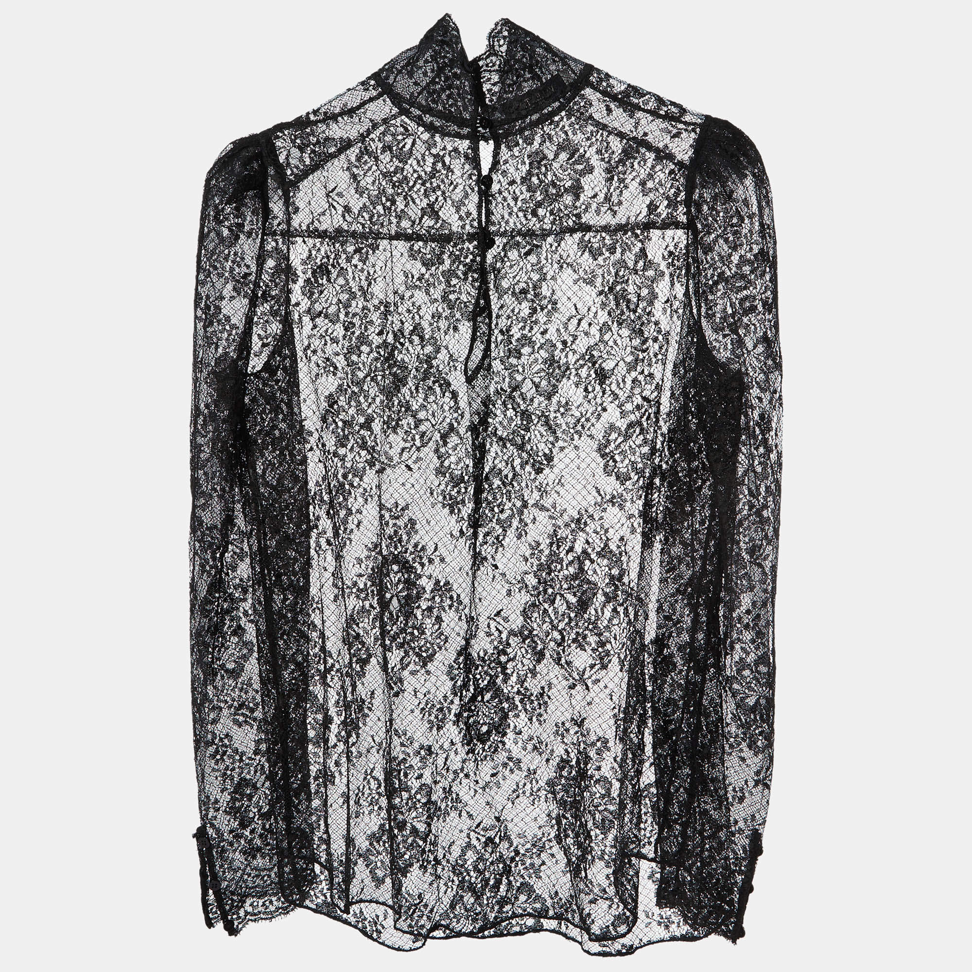 Pre Owned Valentino Black Lace Sheer Full Sleeve Blouse L 