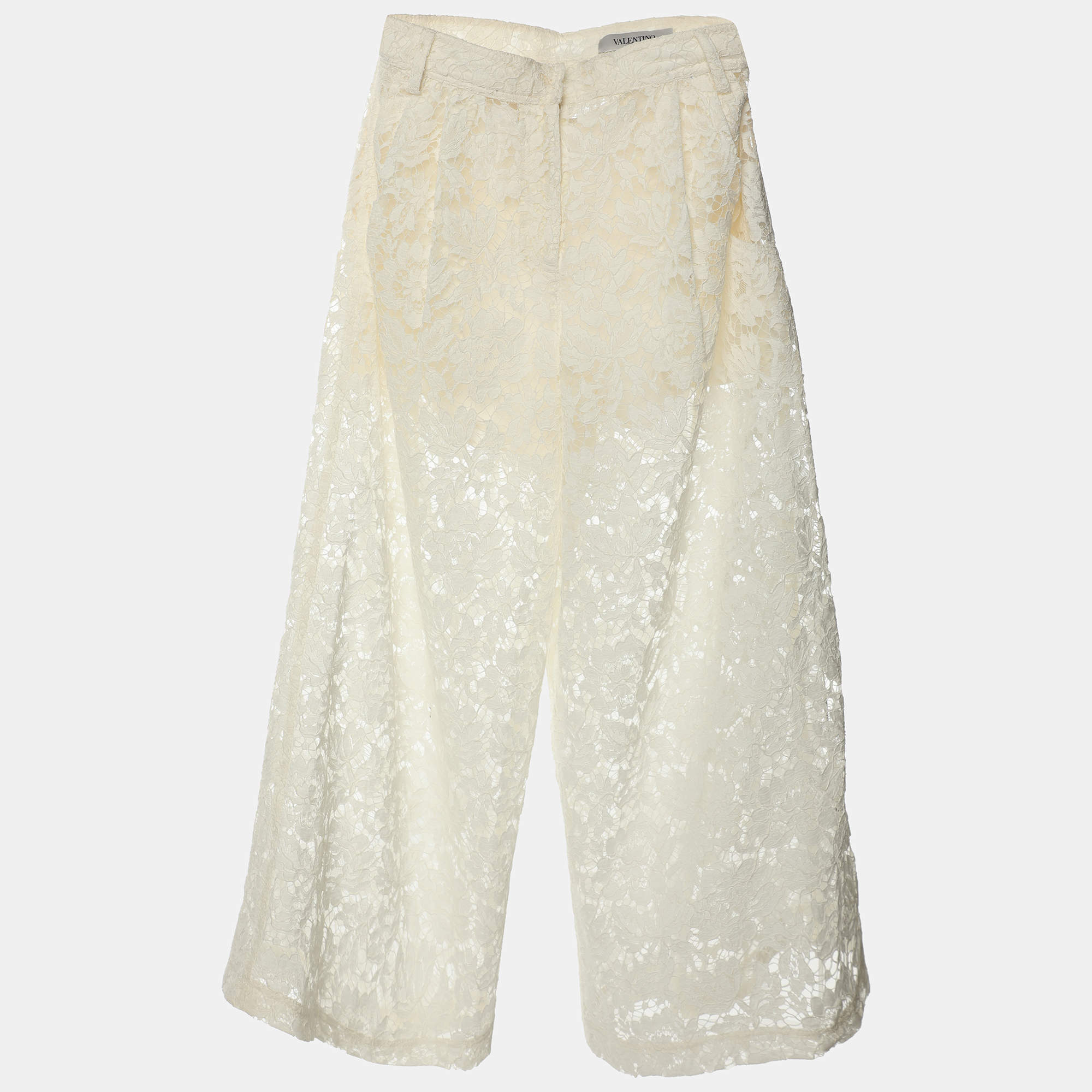 Pre Owned Valentino Cream Lace Wide Leg Trouser XS