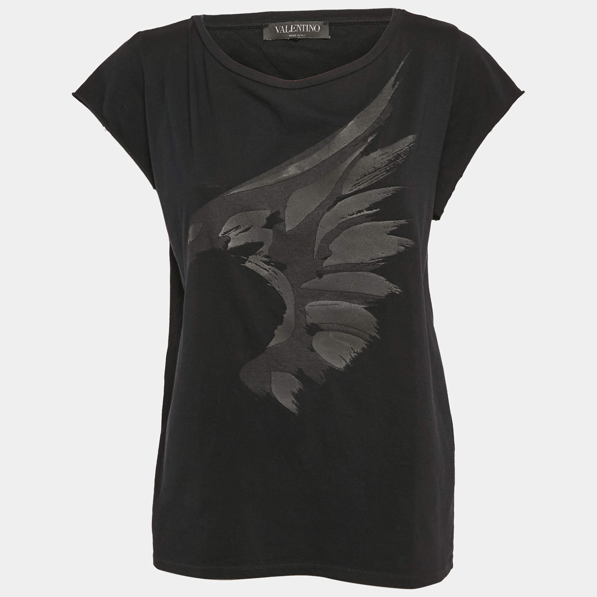 Valentino Black Eagle Print Jersey Cap Sleeve T-Shirt L