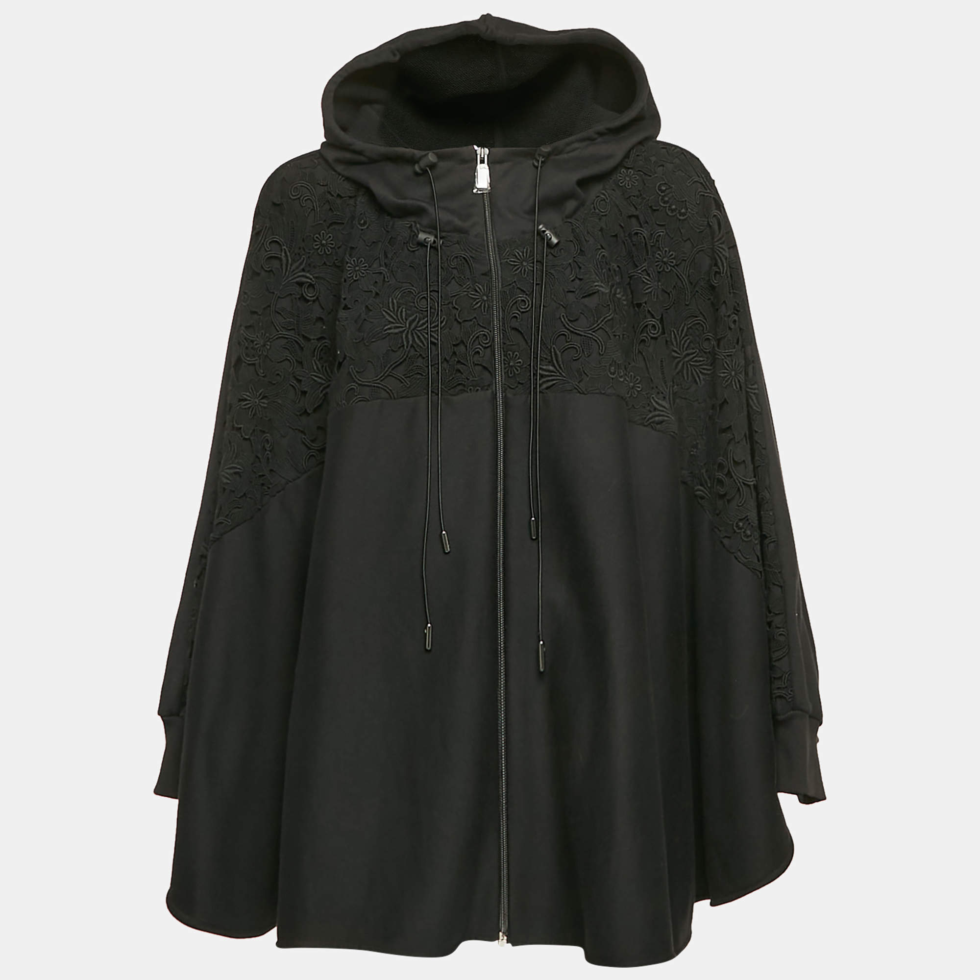 Pre Owned Valentino Black Lace Trim Cotton Knit Hooded Poncho M