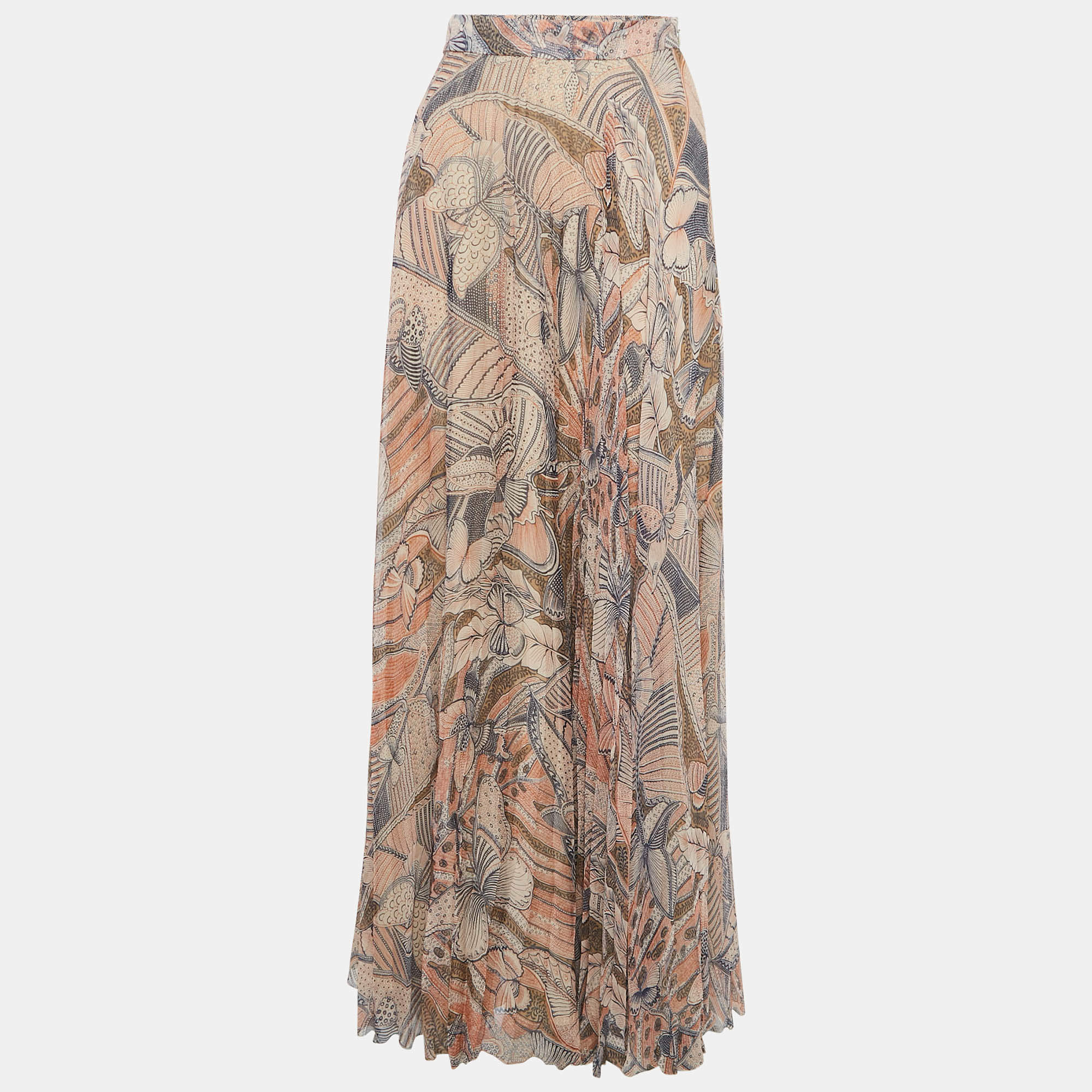 Pre Owned Valentino Beige Butterfly Print Silk Pleated Maxi Skirt M