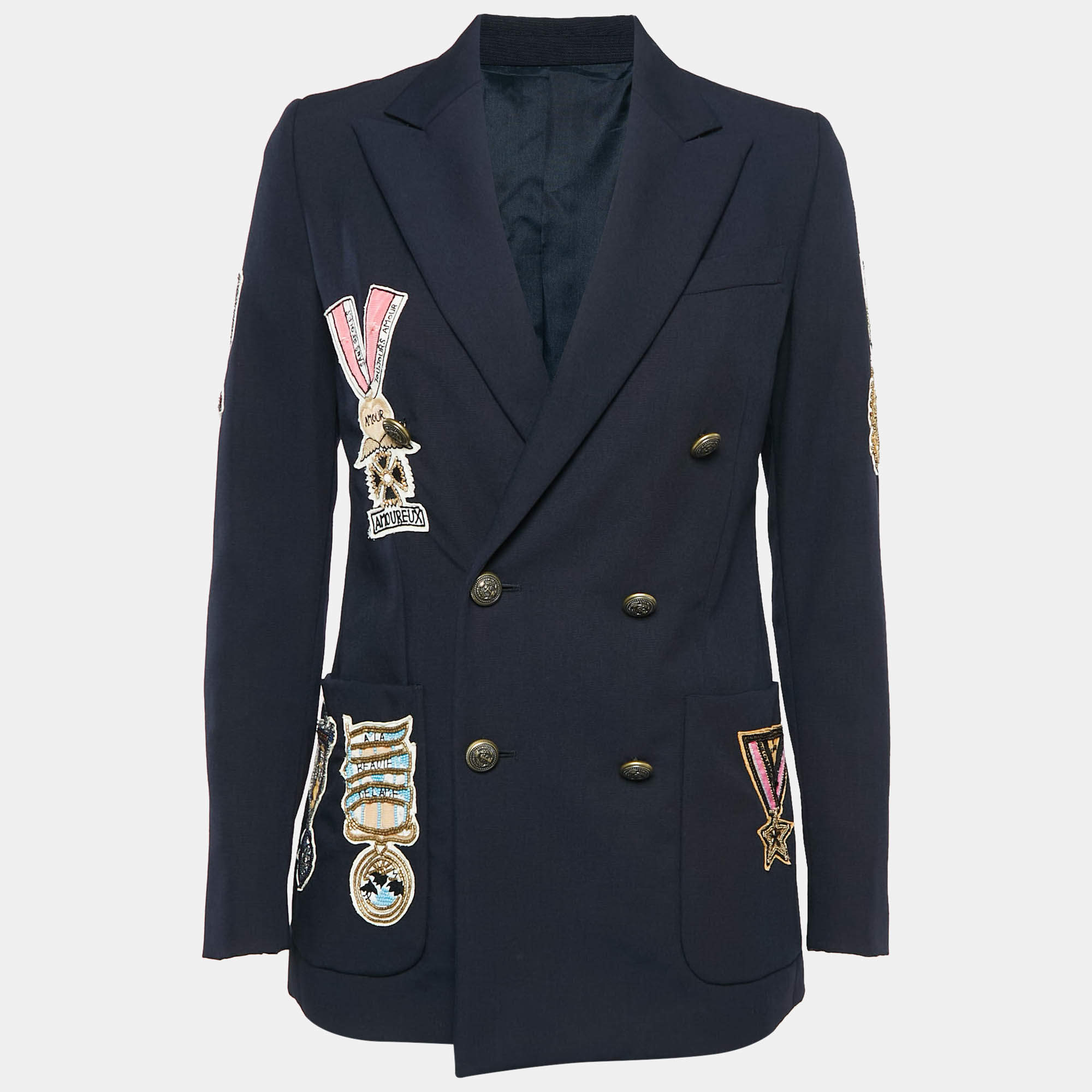 Valentino Navy Blue Badge Applique Wool Double Breasted Blazer S