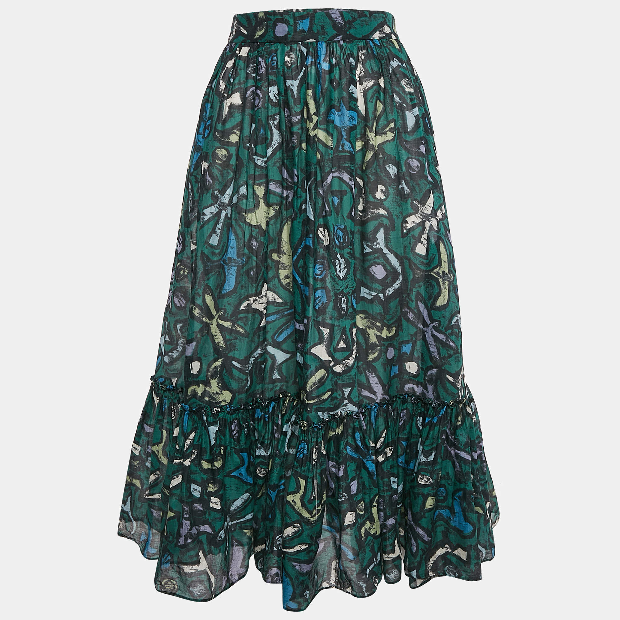 Valentino Green Graffiti Print Cotton Flounce Midi Skirt M