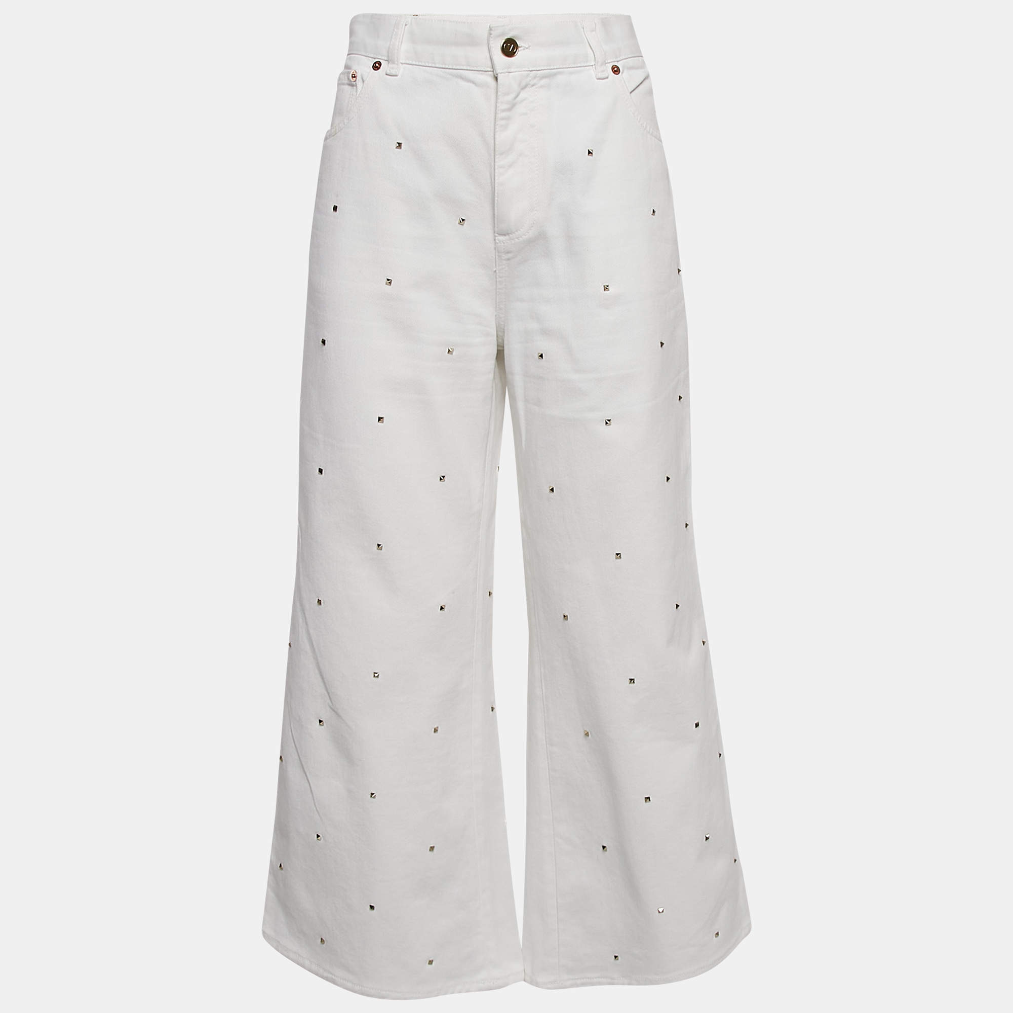 Pre Owned Valentino White Studded Denim Wide Leg Jeans L Waist 31"