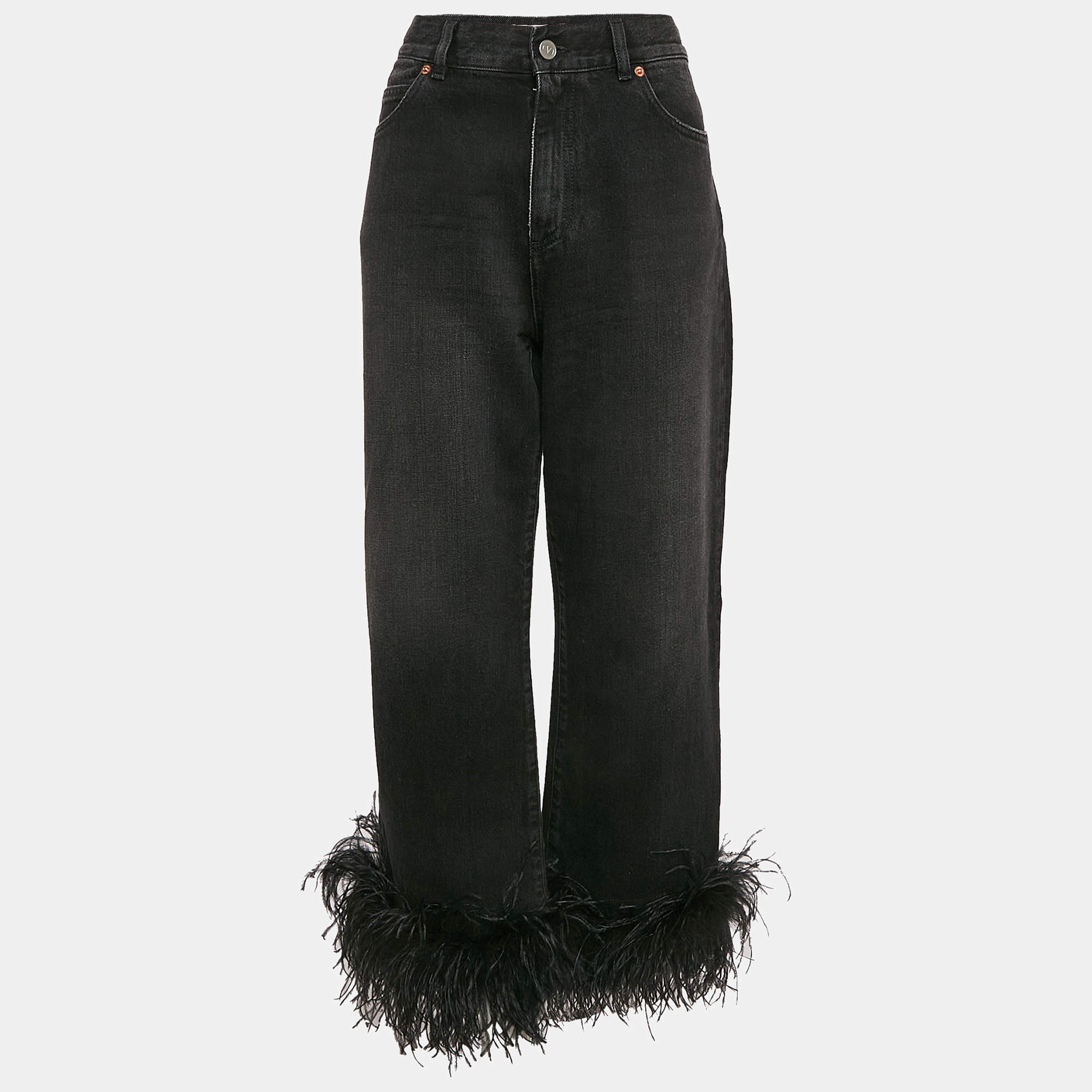 Pre Owned Valentino Black Denim Detachable Ostrich Feather Cuff Cropped Jeans M
