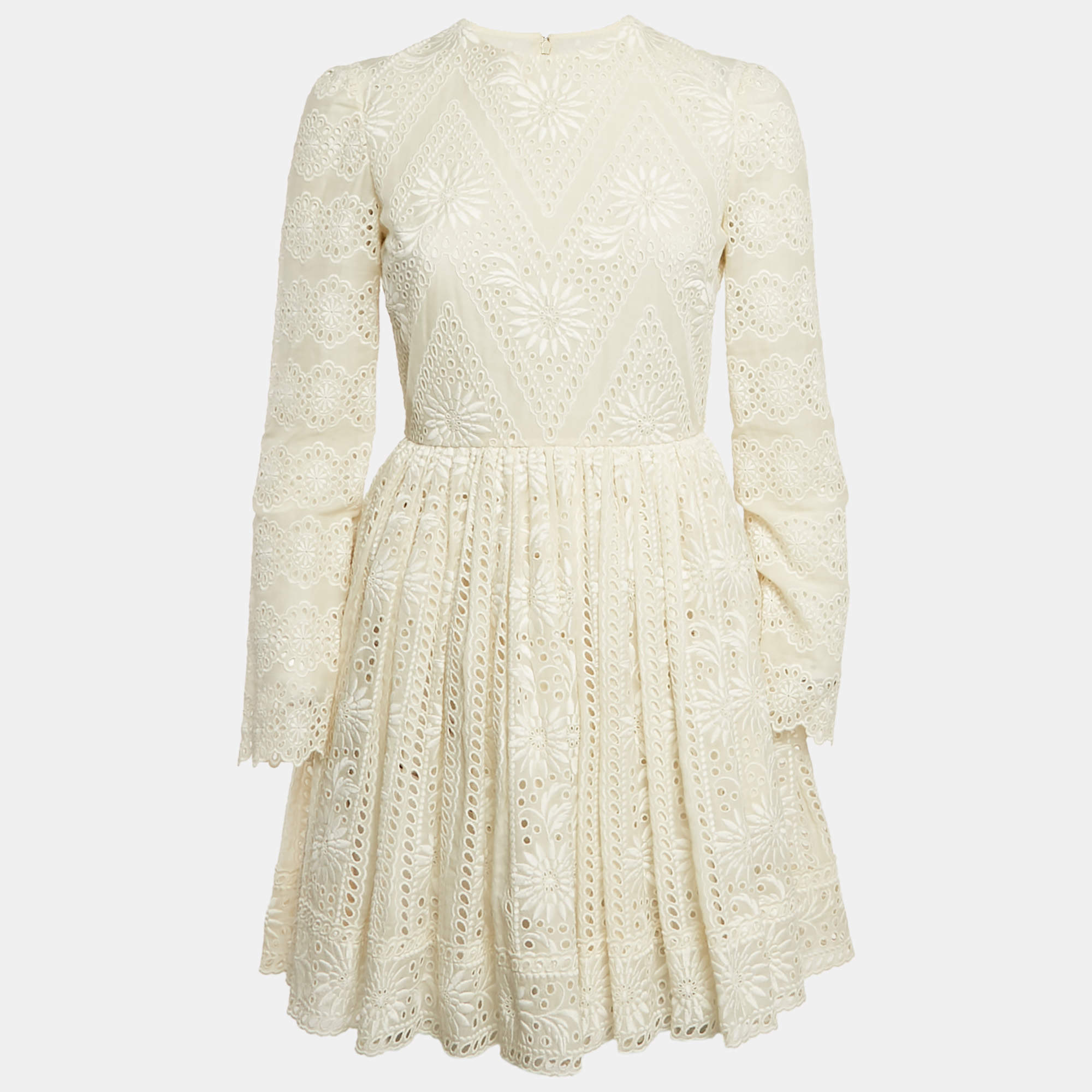 Pre Owned Valentino Cream Lace Flared Full Sleeve Mini Dress S