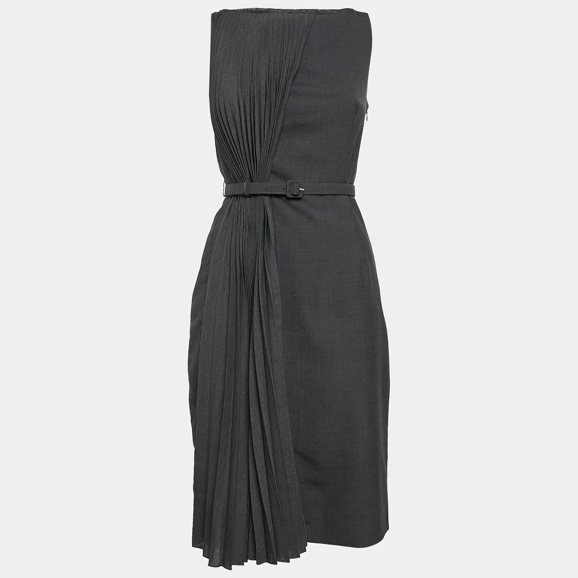 Valentino Dark Grey Wool Blend Pleated Sleeveless Short Dress M