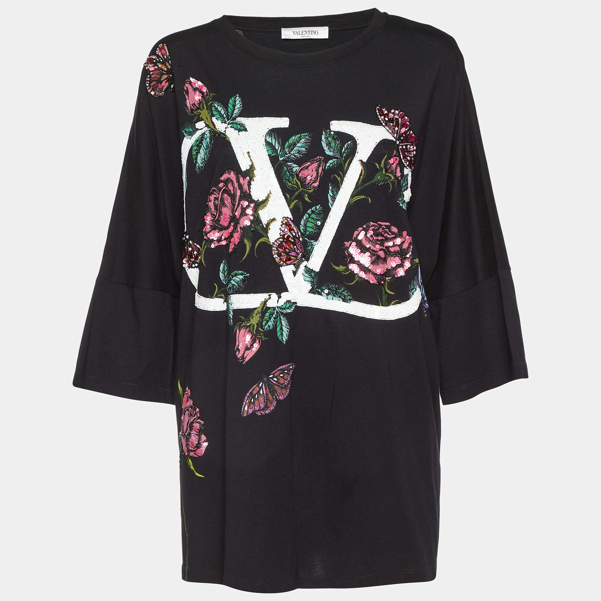 Pre Owned Valentino Black V Logo Embellished Cotton Ruched Waist T-Shirt M