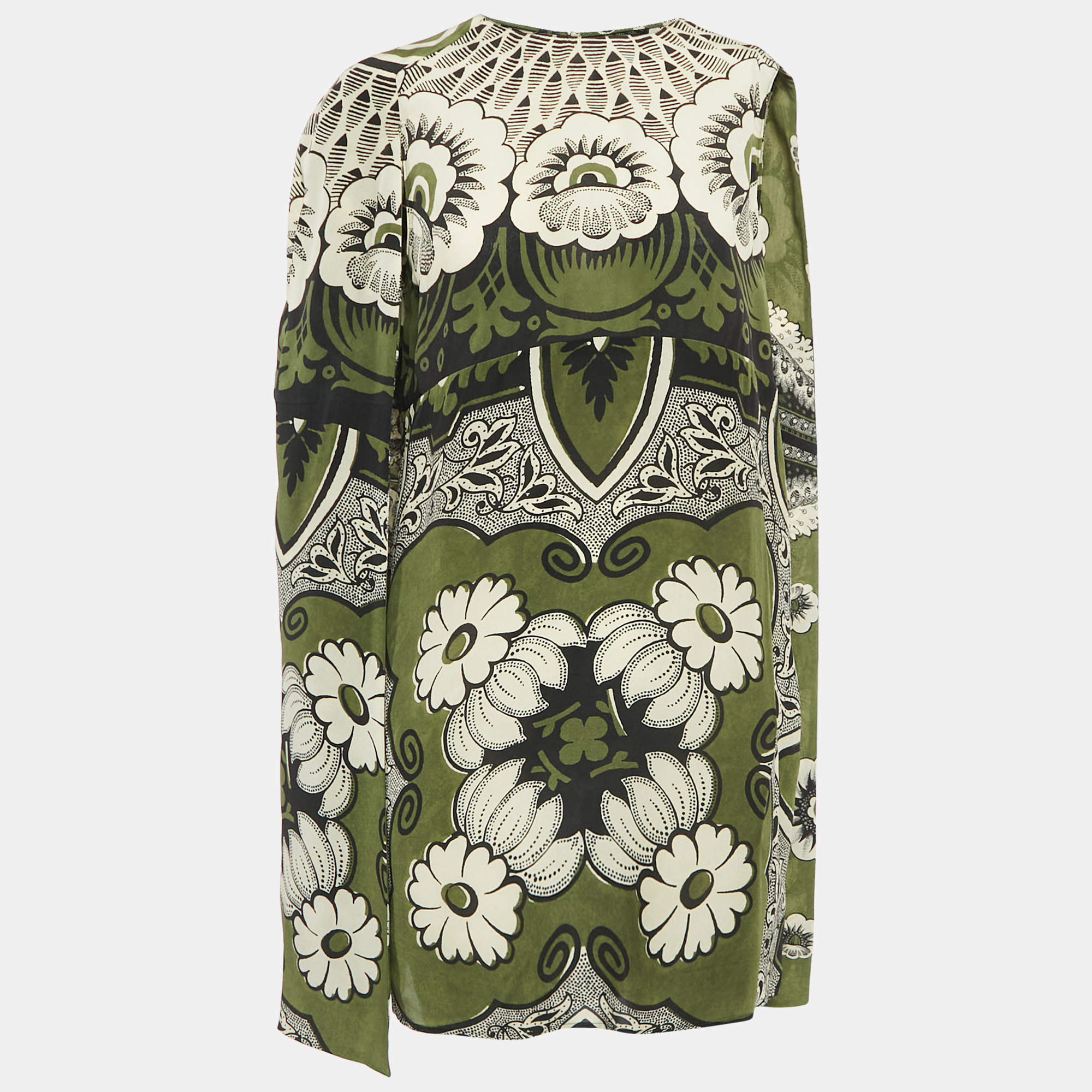 Pre Owned Valentino Green Abstract Print Silk Cape Mini Dress L