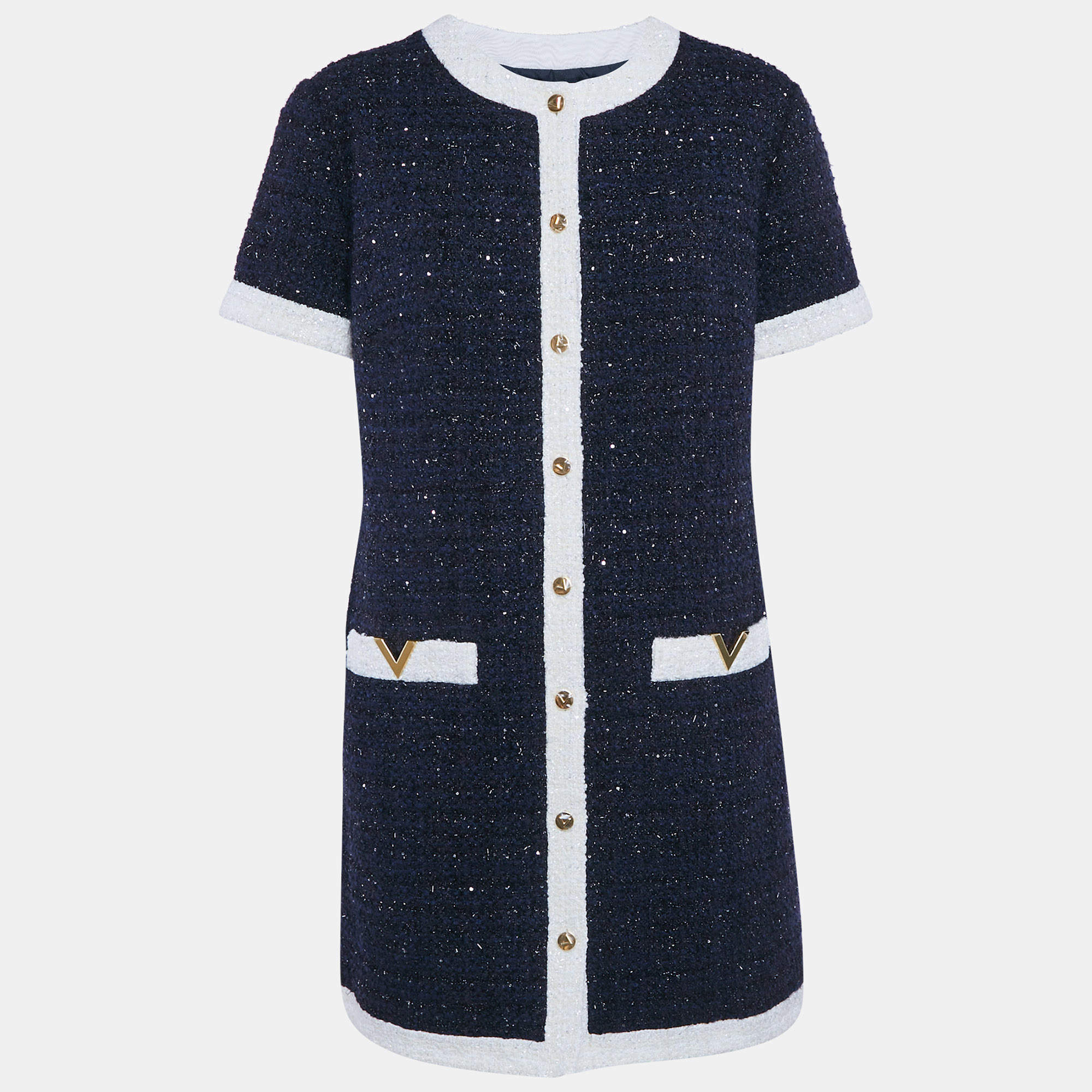 Valentino Navy Blue Sequin Embellished Lurex Bouclé-Tweed Mini Dress L