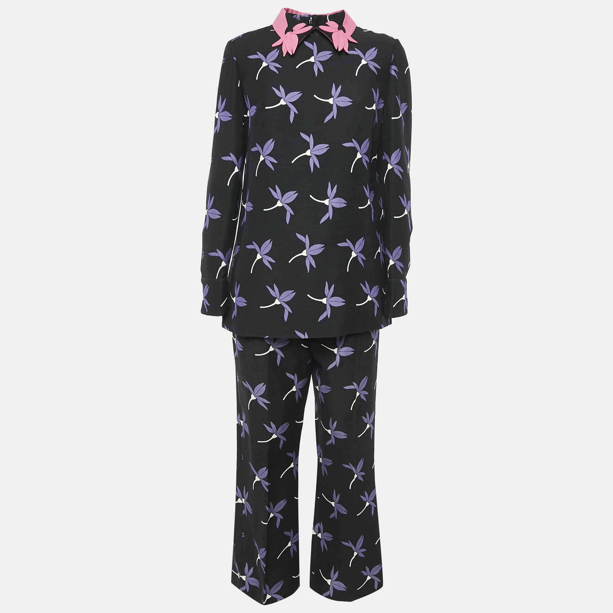 Valentino Black Floral Print Wool Blend Top and Pants Set M