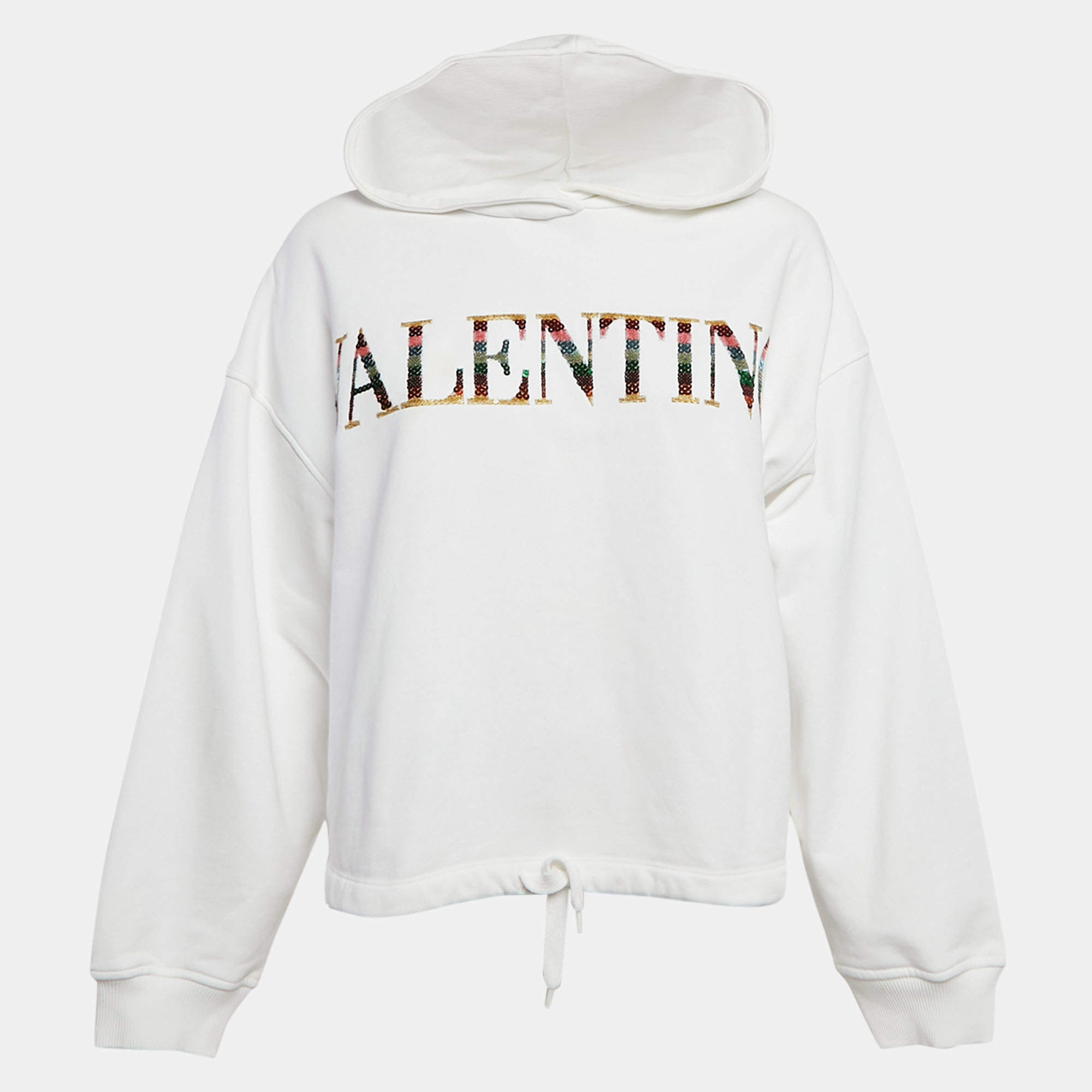 Pre Owned Valentino White Logo Sequin Embellished Cotton Knit Hoodie M