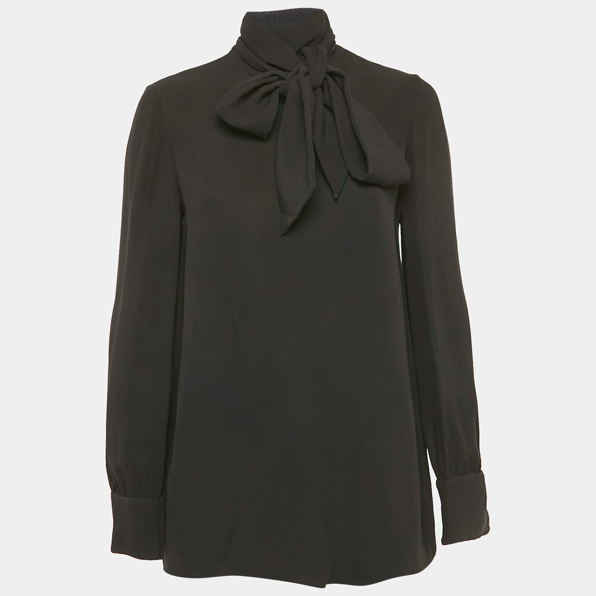 Pre Owned Valentino Black Silk Blend Crepe Tie-Up Neck Detail Top M
