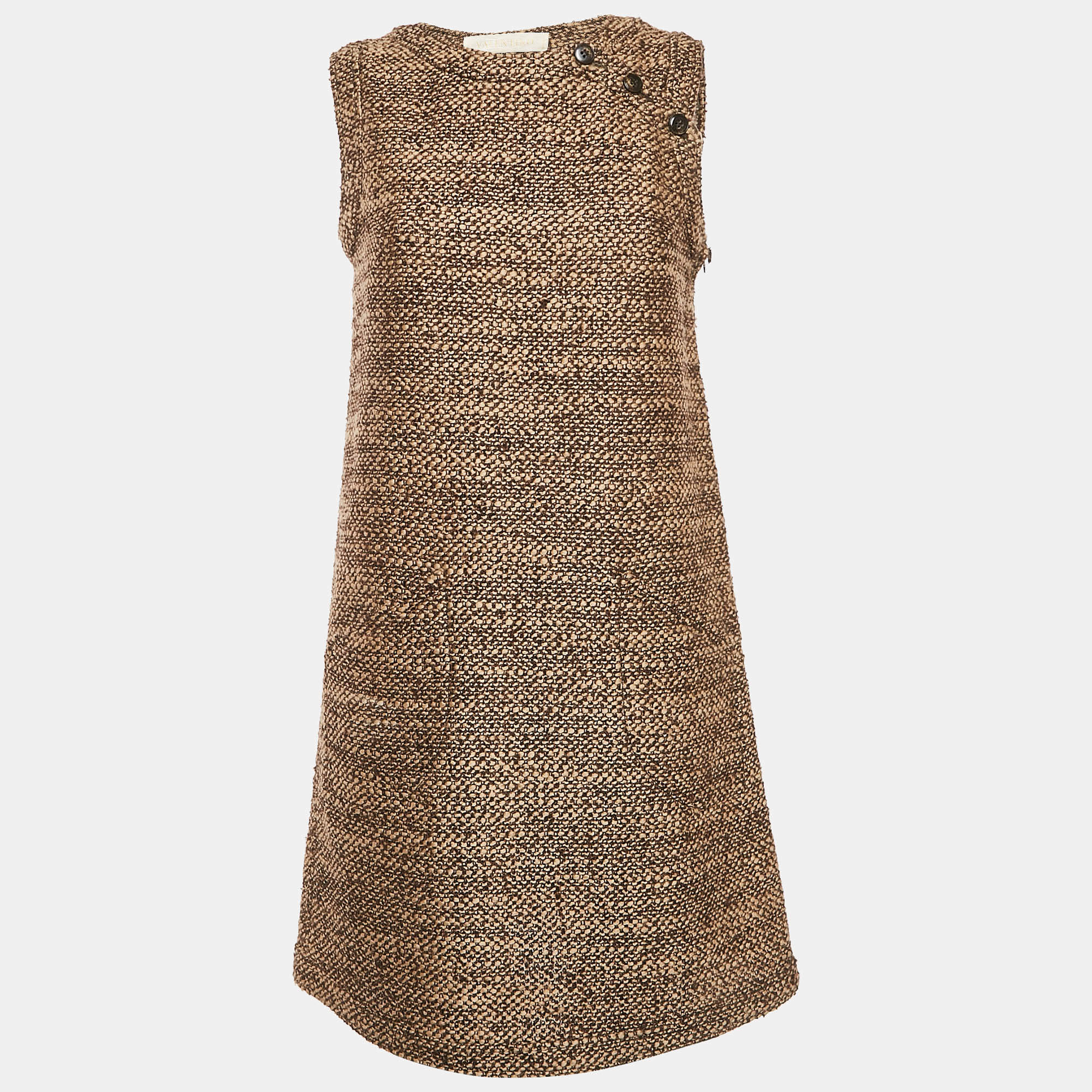 Pre Owned Valentino Brown/Beige Tweed Sleeveless Mini Dress M