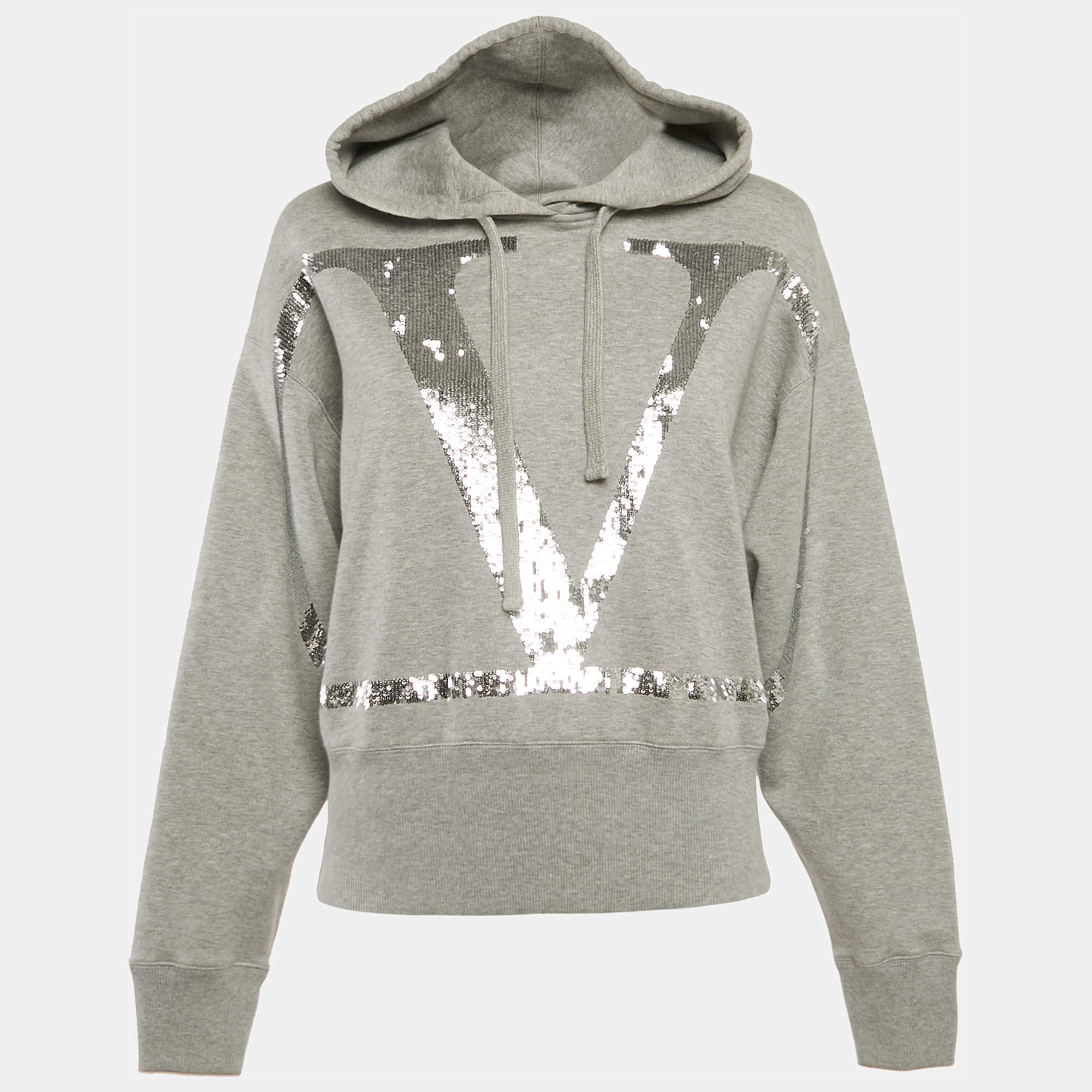 Pre Owned Valentino Grey Logo Sequin Cotton Knit Hooded Sweatshirt L