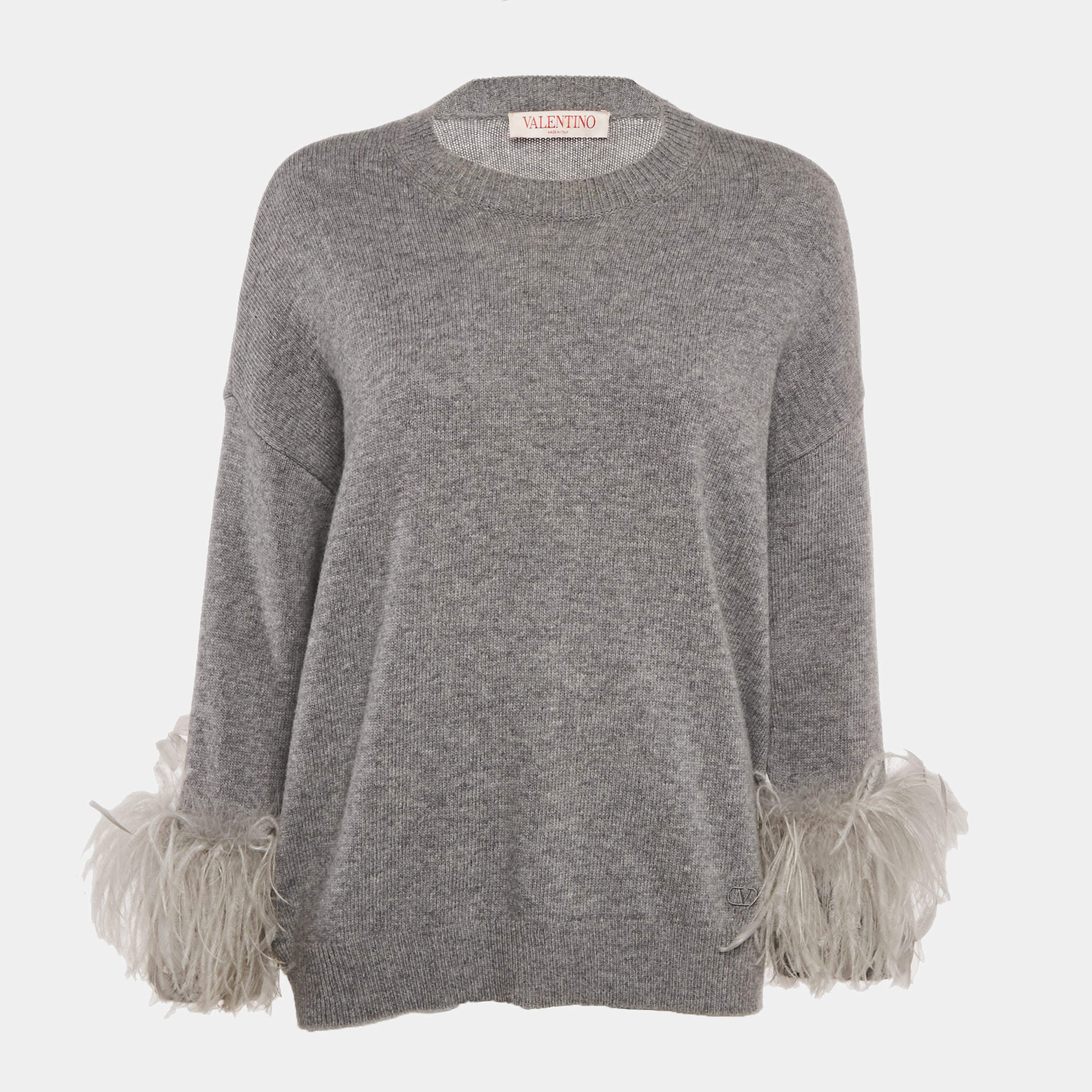 Pre Owned Valentino Grey Wool Feather Detail Crew Neck Sweater XS