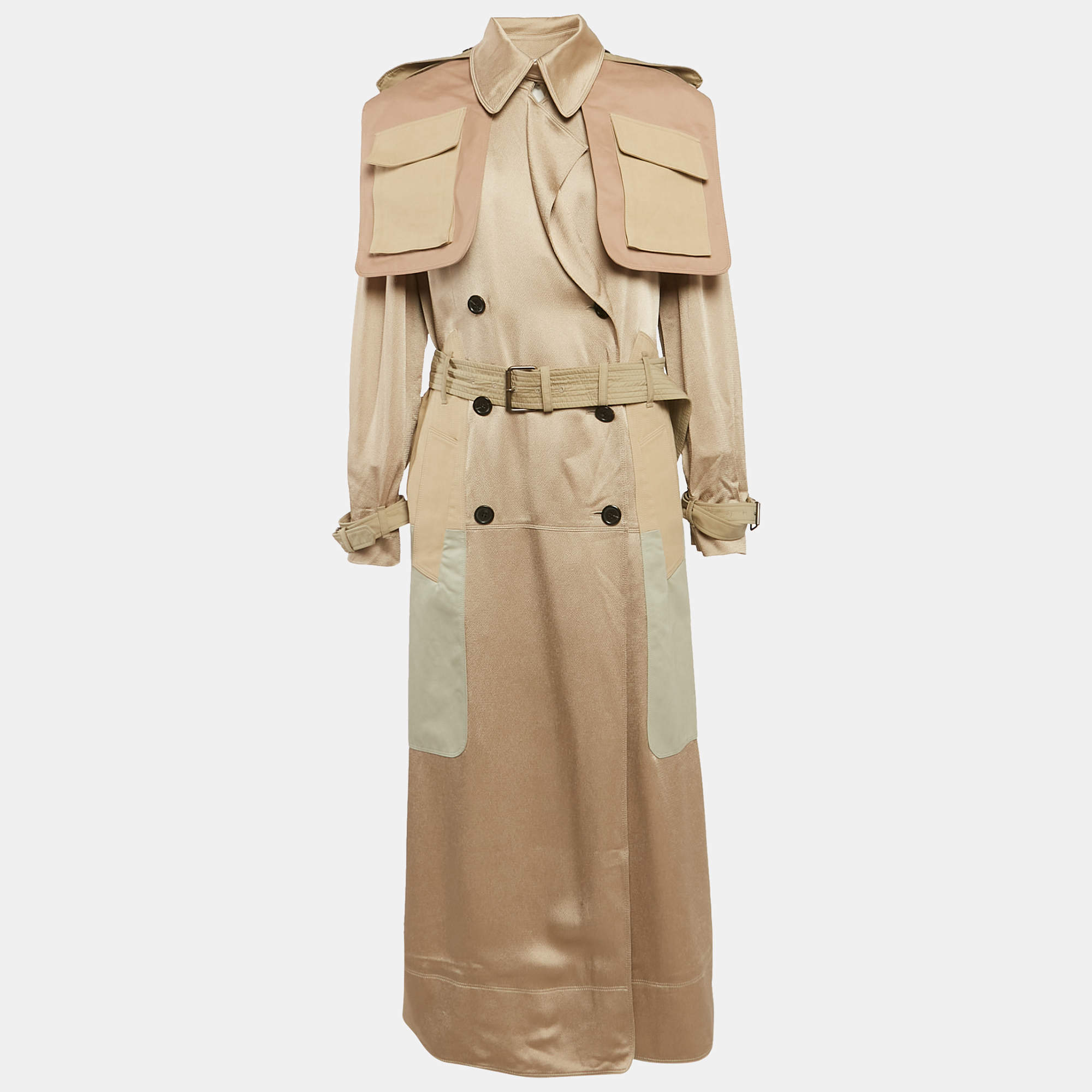 Pre Owned Valentino Beige Hammered-Satin and Gabardine Epaulettes Storm Flap Trench Coat M