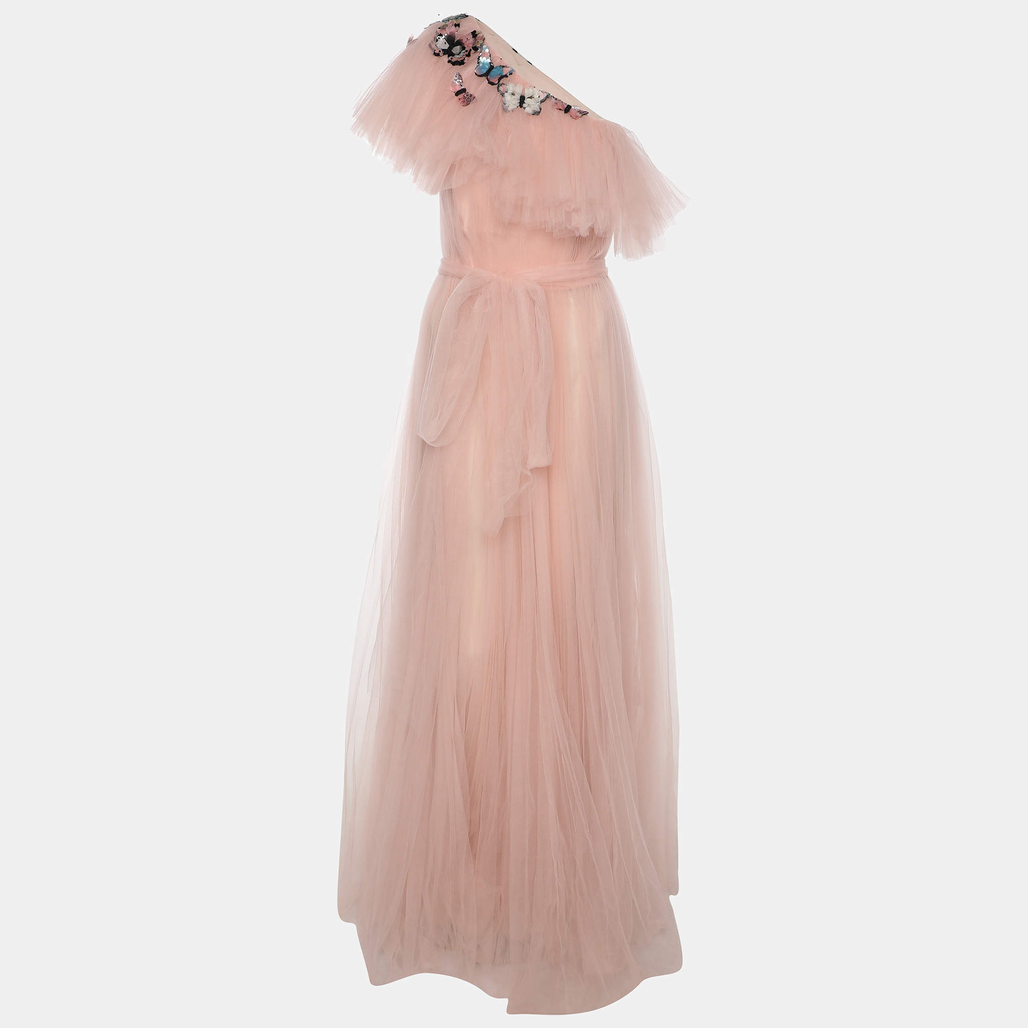 Valentino Pink Tulle Embellished One shoulder Evening Dress L