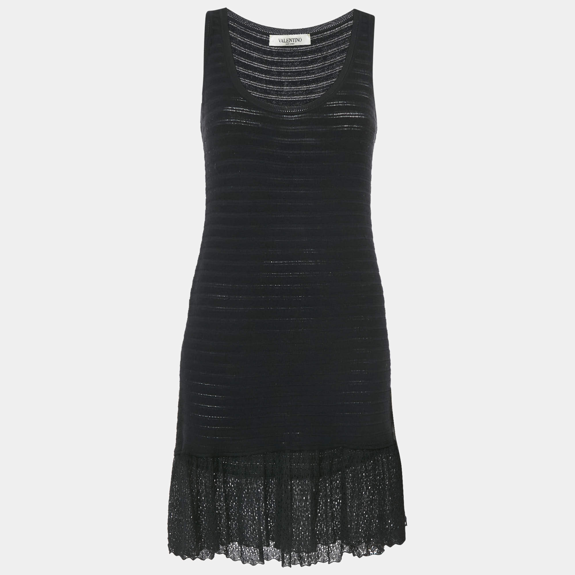 Pre Owned Valentino Black Wool Knit Sleeveless Flounce Mini Dress M