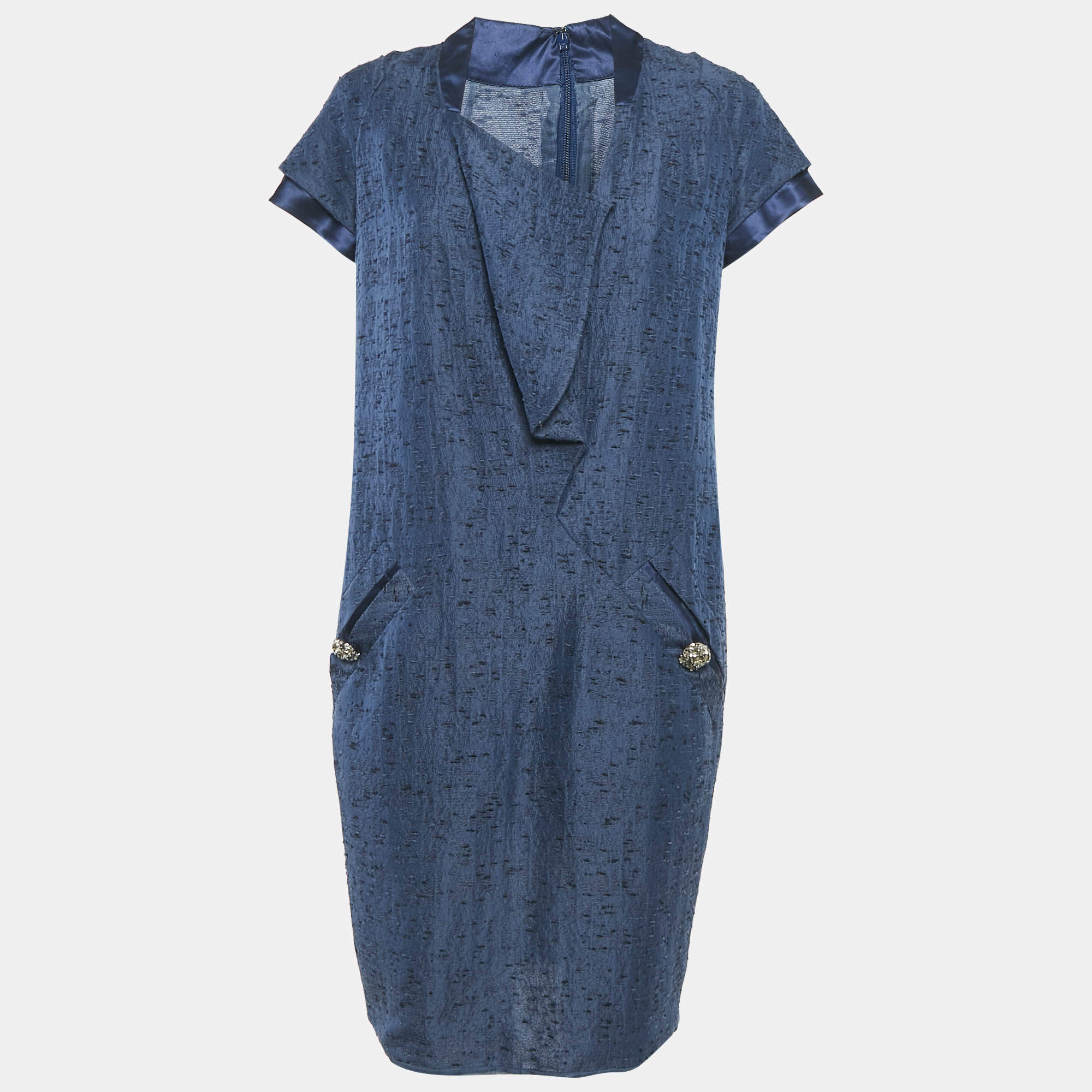 Pre Owned Valentino Blue Textured Silk Button Detail Short Dress M