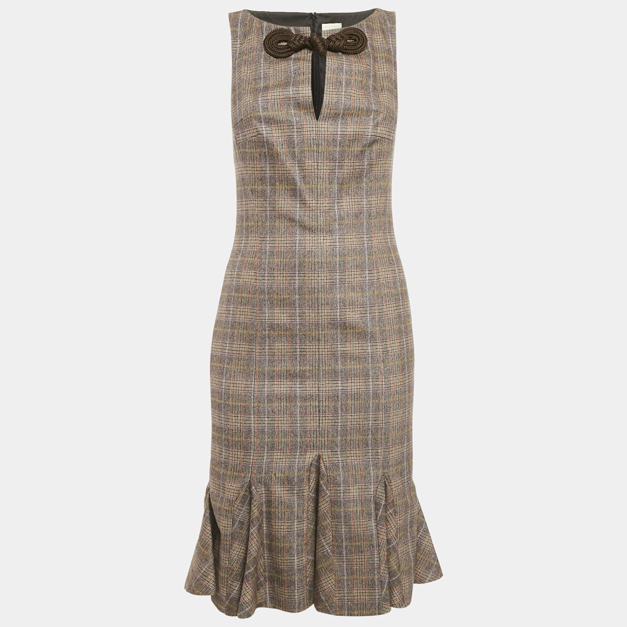 Pre Owned Valentino Brown Plaid Wool Sleeveless Flounce Short Dress M