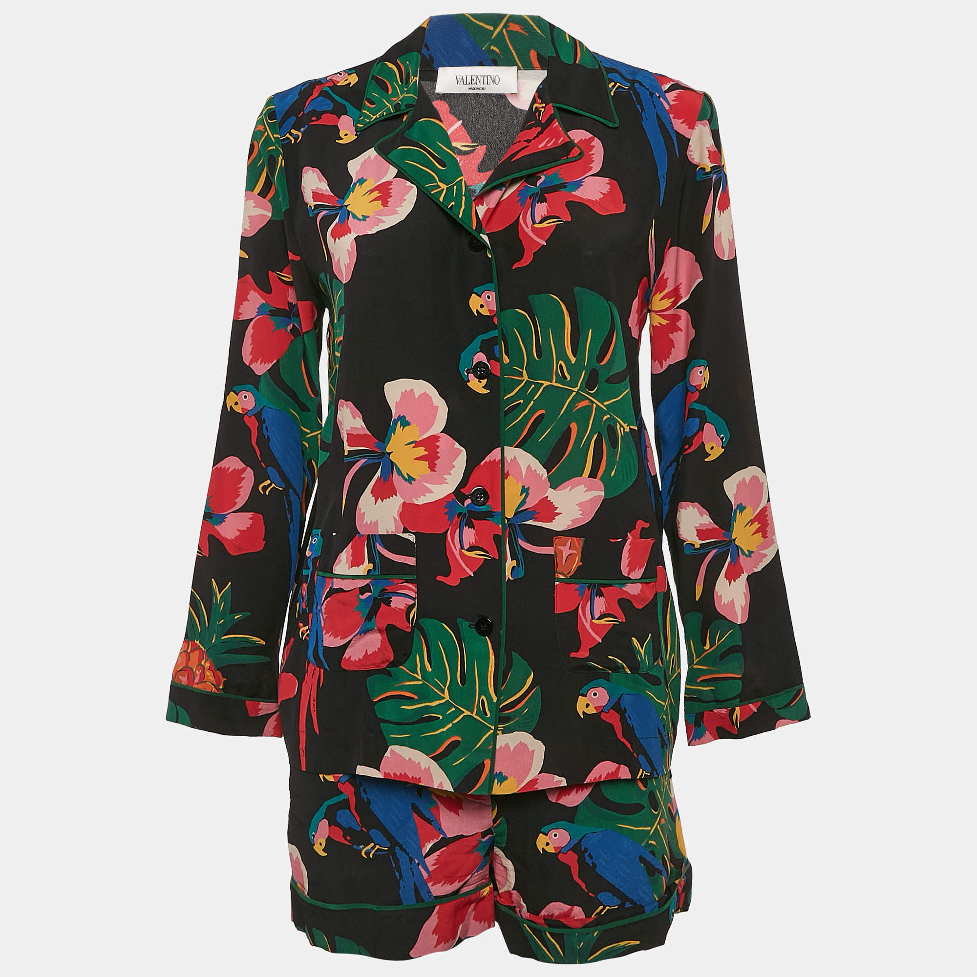 Valentino Black Printed Silk Pajama Shirt and Shorts Set XS