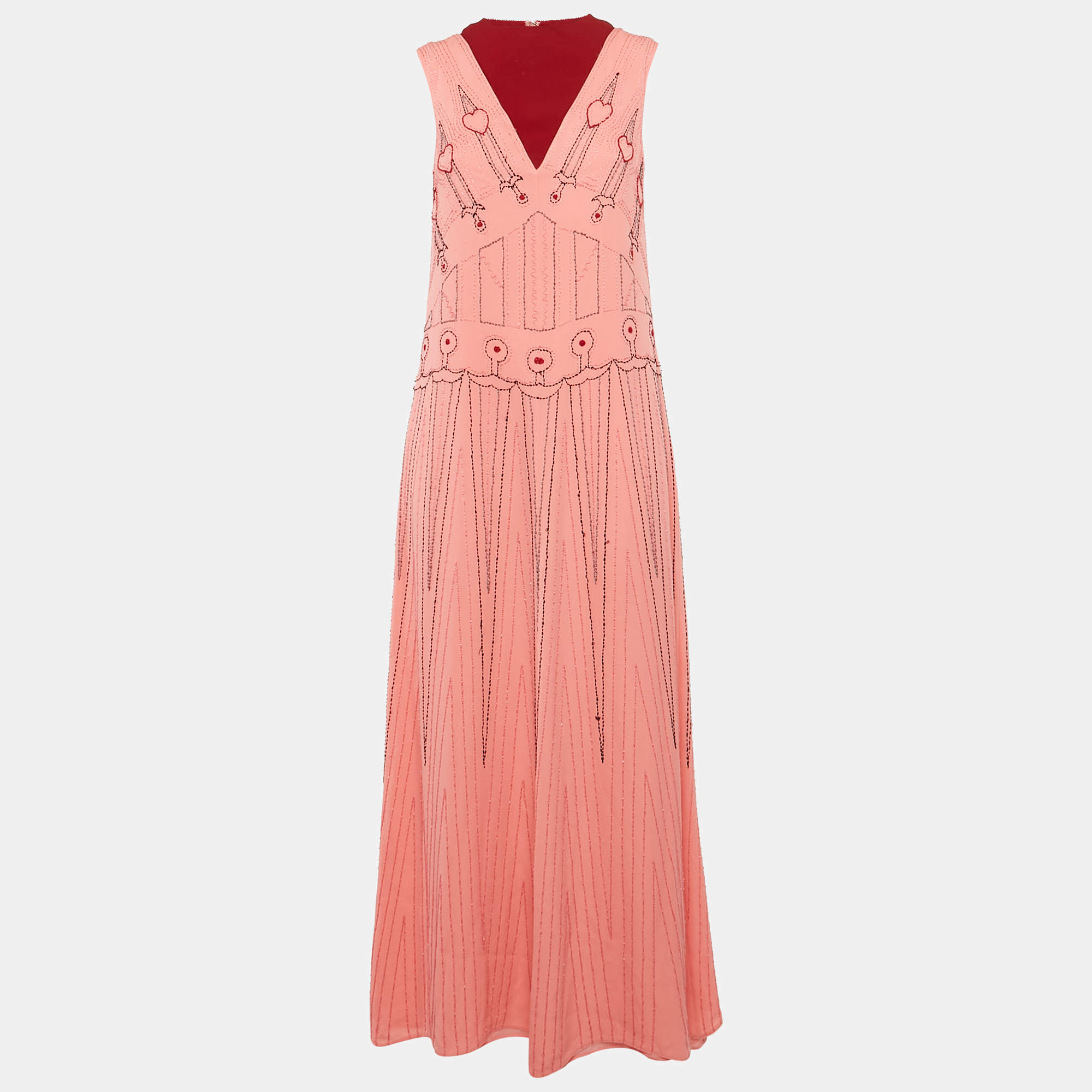 Pre Owned Valentino Pink Bead Embroidered Silk Sleeveless Maxi Dress S