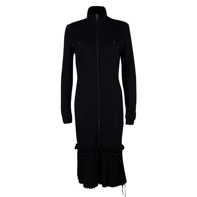 Pre Owned Valentino Black Wool Pleated Bottom Hem Detail Long Sleeve Dress L