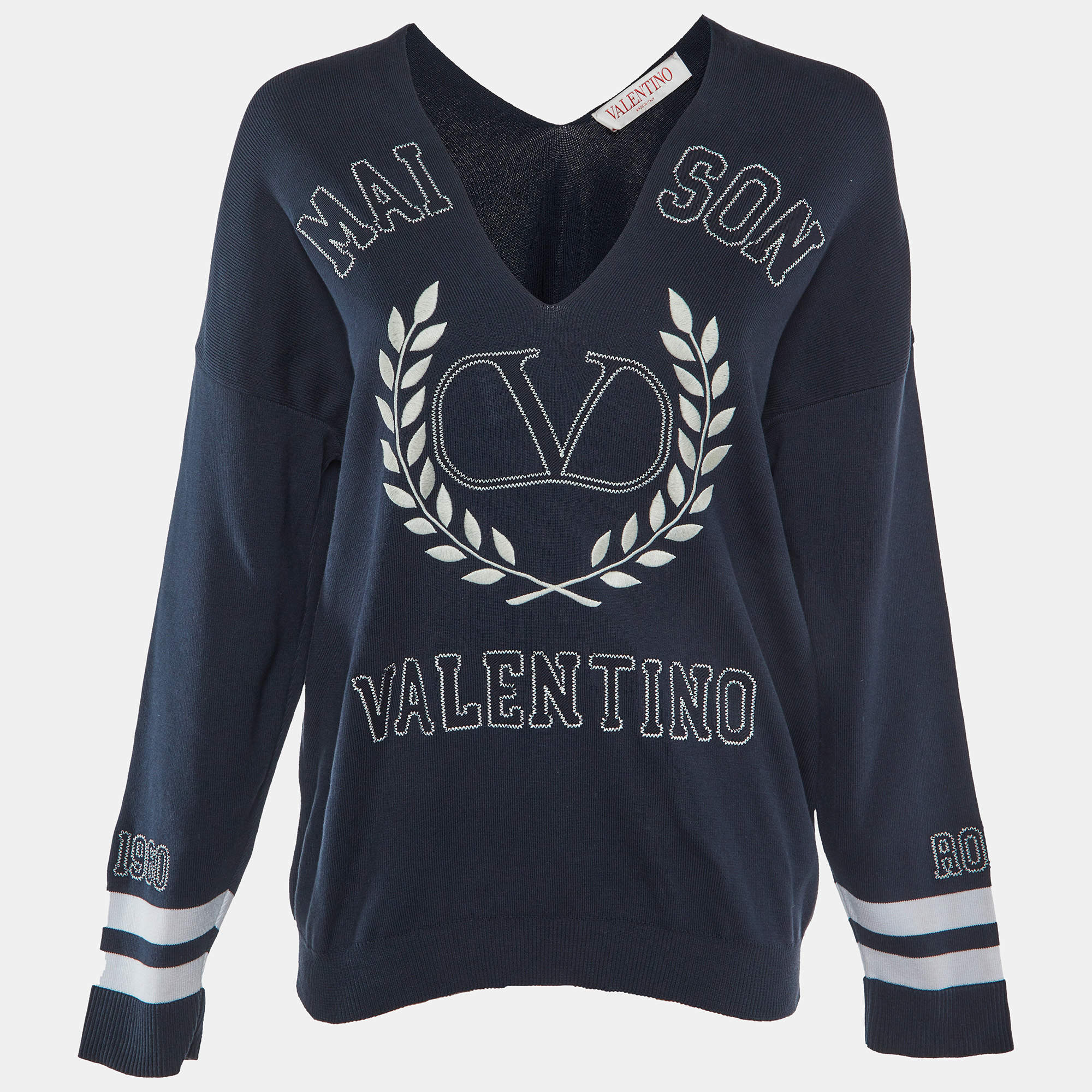 Pre Owned Valentino Navy Blue Logo Embroidered Cotton Knit Jumper S