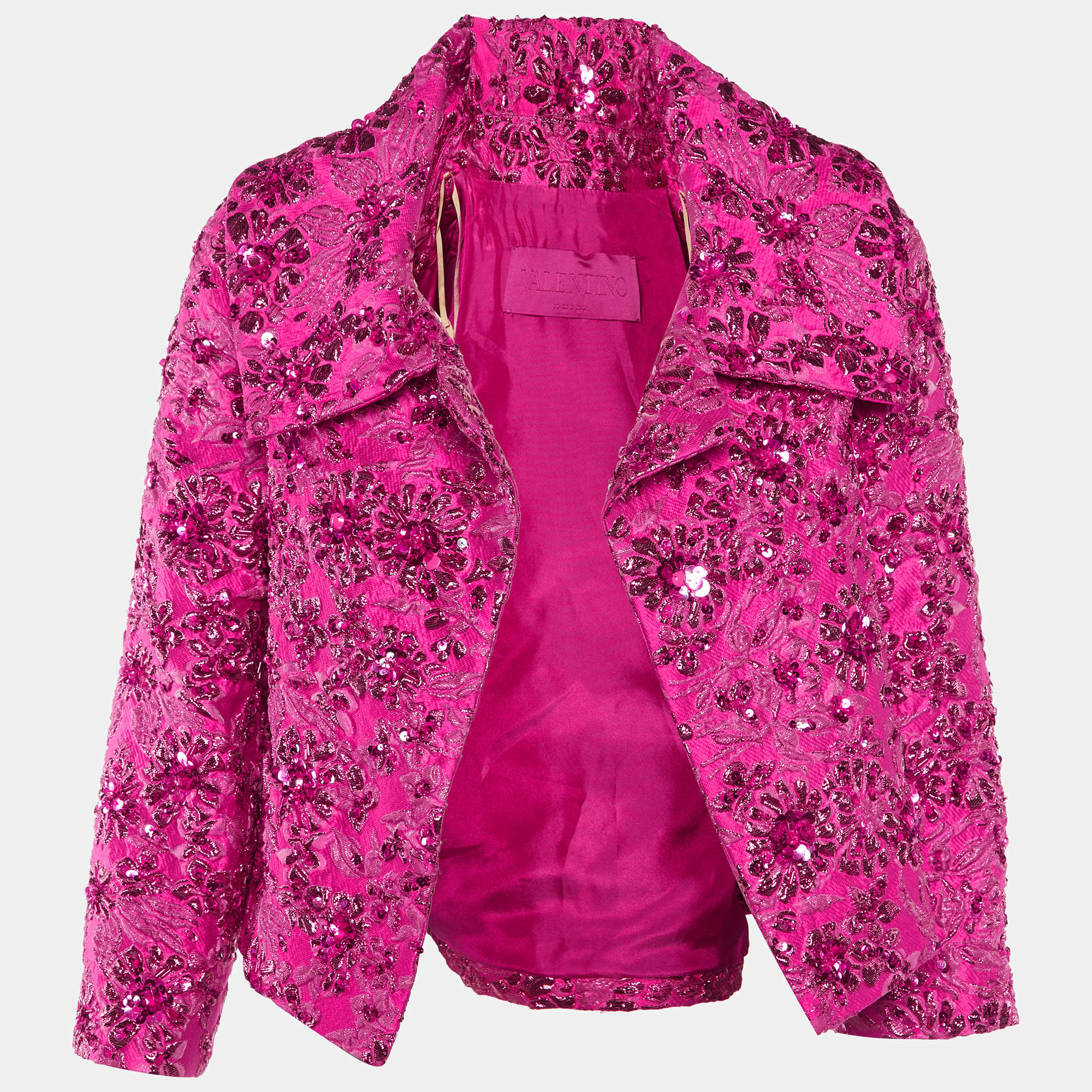 Valentino Pink Sequin Embellished Brocade Cropped Jacket S