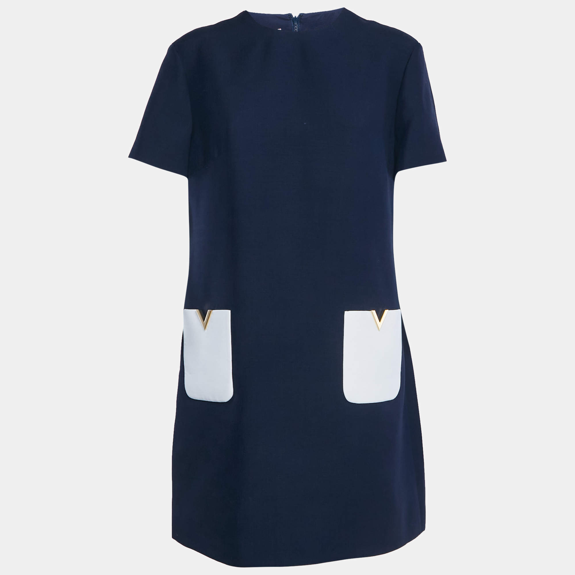 Pre Owned Valentino Navy Blue Wool Blend Pocket Detail Mini Dress L