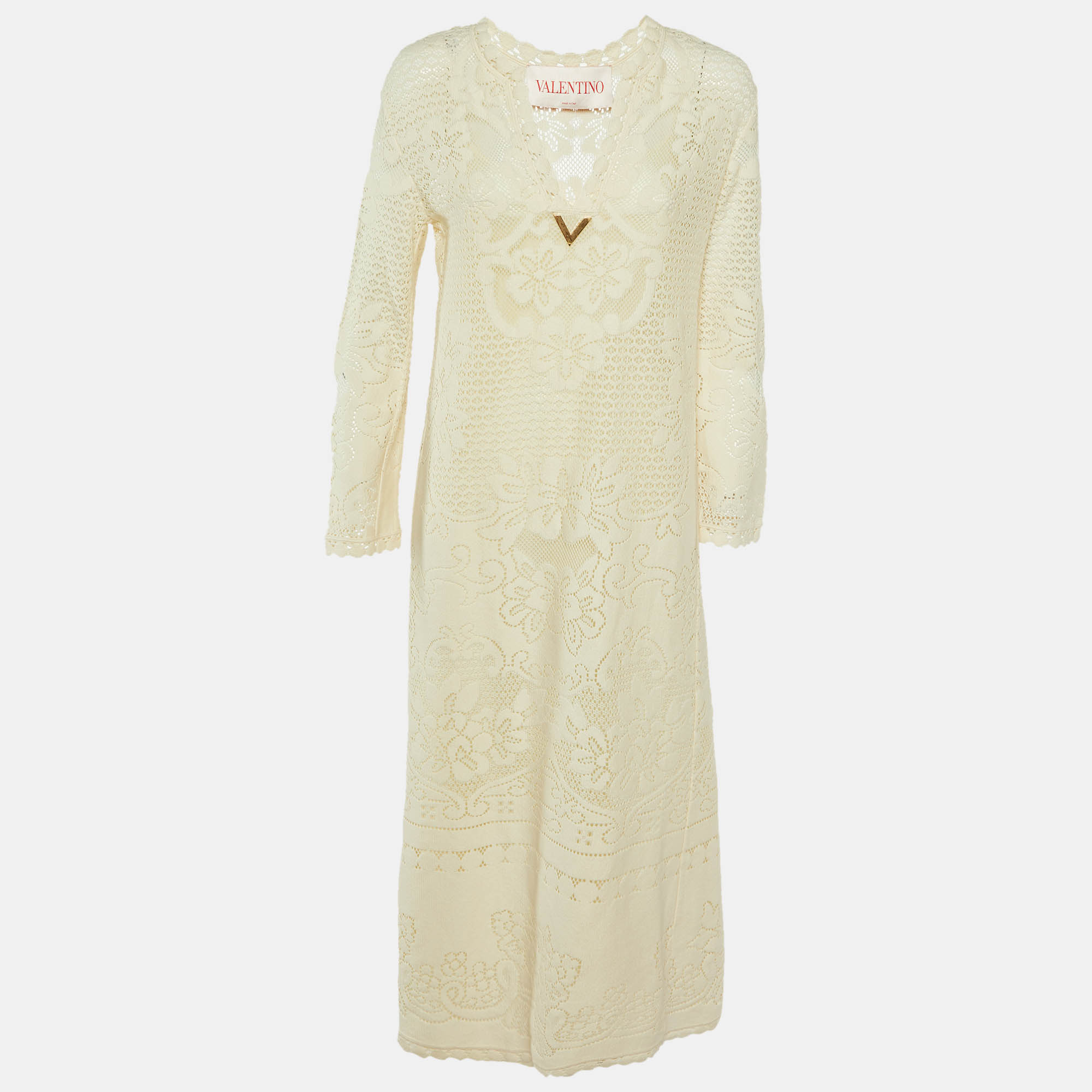 Valentino Cream Floral Lace Full Sleeves Maxi Dress S